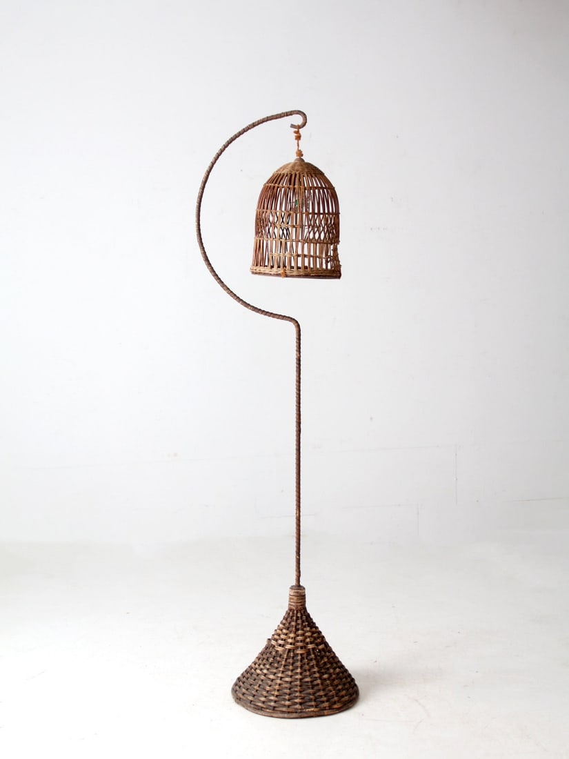 Victorian Antique Wicker Bird Cage with Stand 70.5 inches: Victorian Antique Wicker Bird Cage with Stand 70.5 inches This exquisite antique Victorian wicker bird cage, set on a tall woven stand, showcases an elegant arched design complemented by intricate rat
