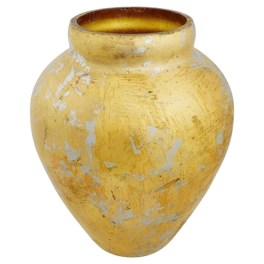 European Art Glass Vase with Gilt Leaf Design 15.5 Inch Centerpiece: European Art Glass Vase with Gilt Leaf Design 15.5 Inch Centerpiece This large vintage centerpiece vase is crafted from art glass and features a distressed gold leaf decoration. Dating from the early