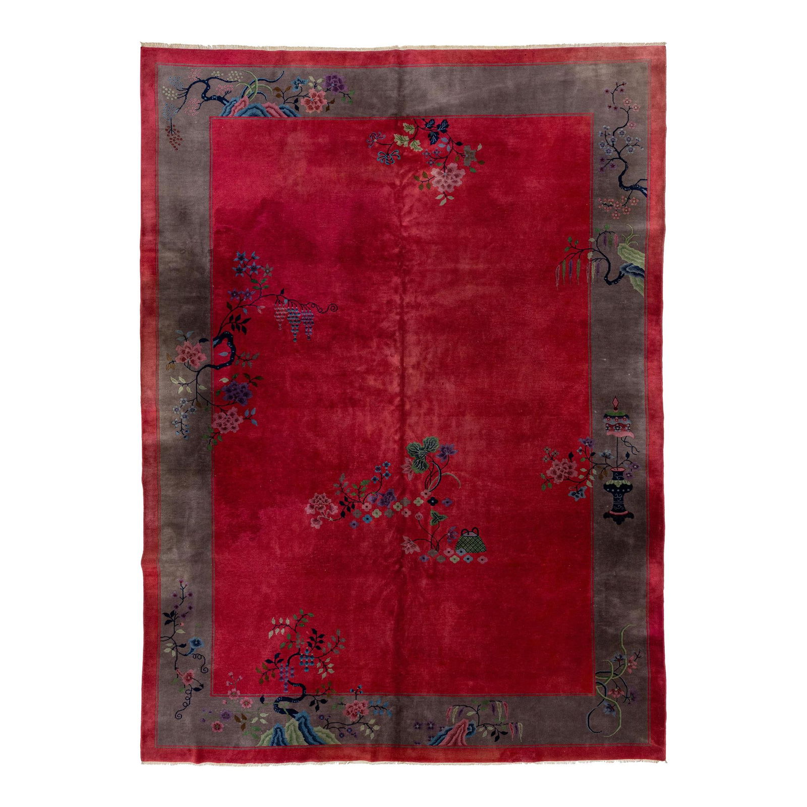 1920s Red Art Deco Chinese Wool Rug Floral Design 9'8 x 13'3 (1 of 10)