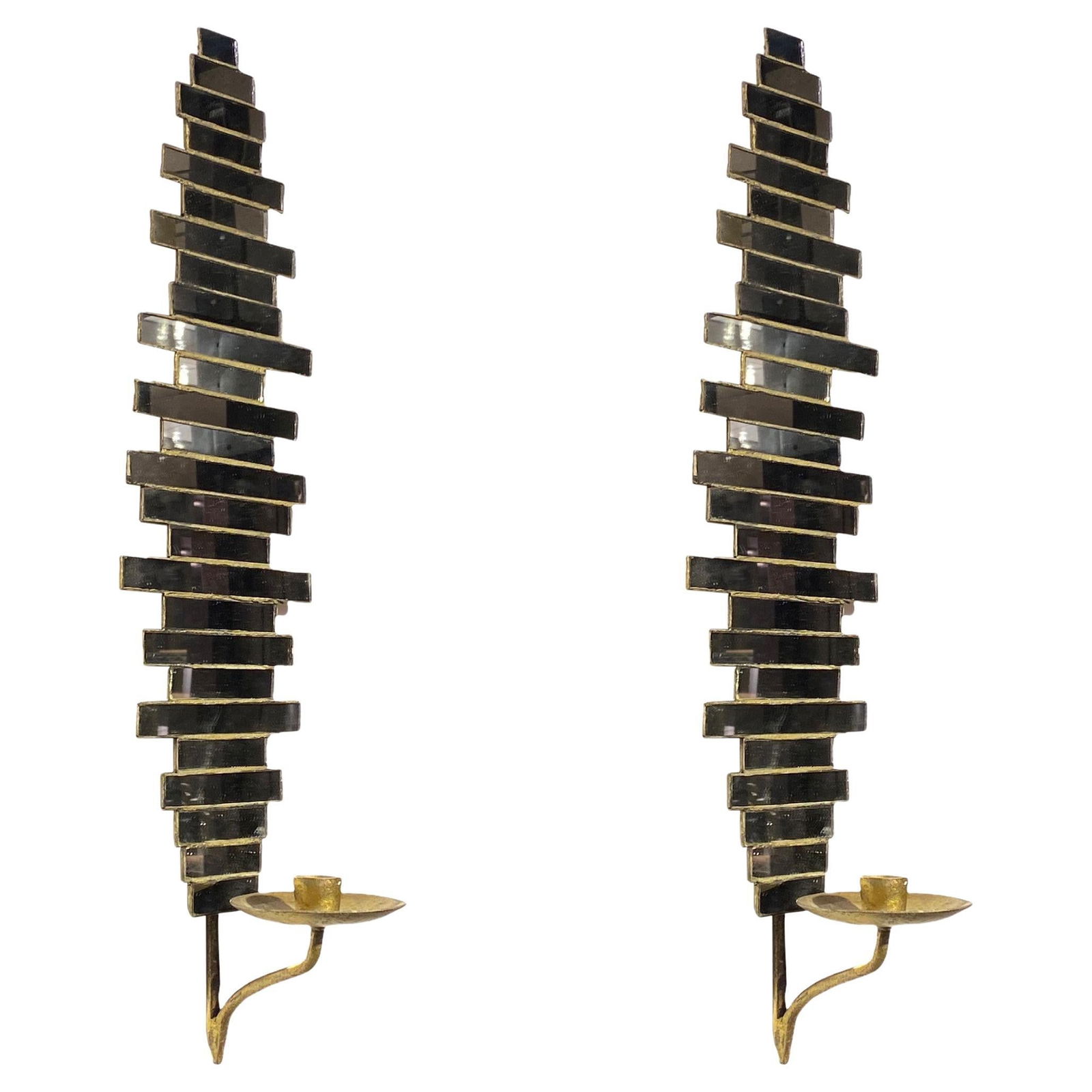 Set of 2 Gilt Metal and Mirrored Glass Wall Sconces 1980s (1 of 5)