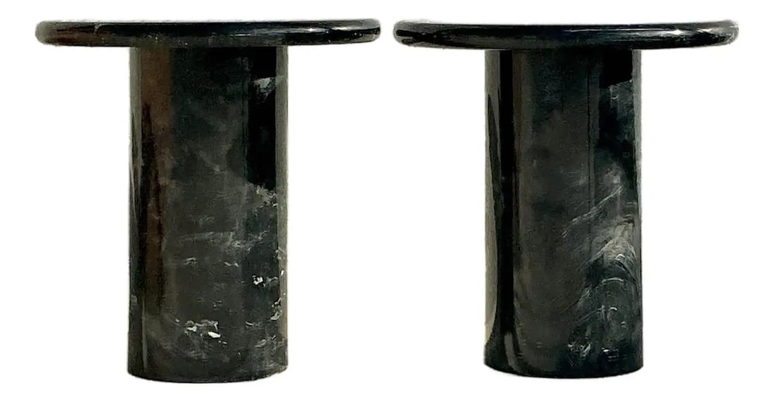 Pair of Black Marble Round Pedestal Side Tables with White Veining (1 of 7)