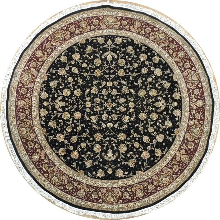 8.0 x 8.3 Handmade Black Wool and Silk Fine Quality Rug: 8.0 x 8.3 Handmade Black Wool and Silk Fine Quality Rug Free continental US Shipping This 8.0 x 8.3 handmade rug is crafted from a premium blend of wool and silk, offering both durability and a subtle