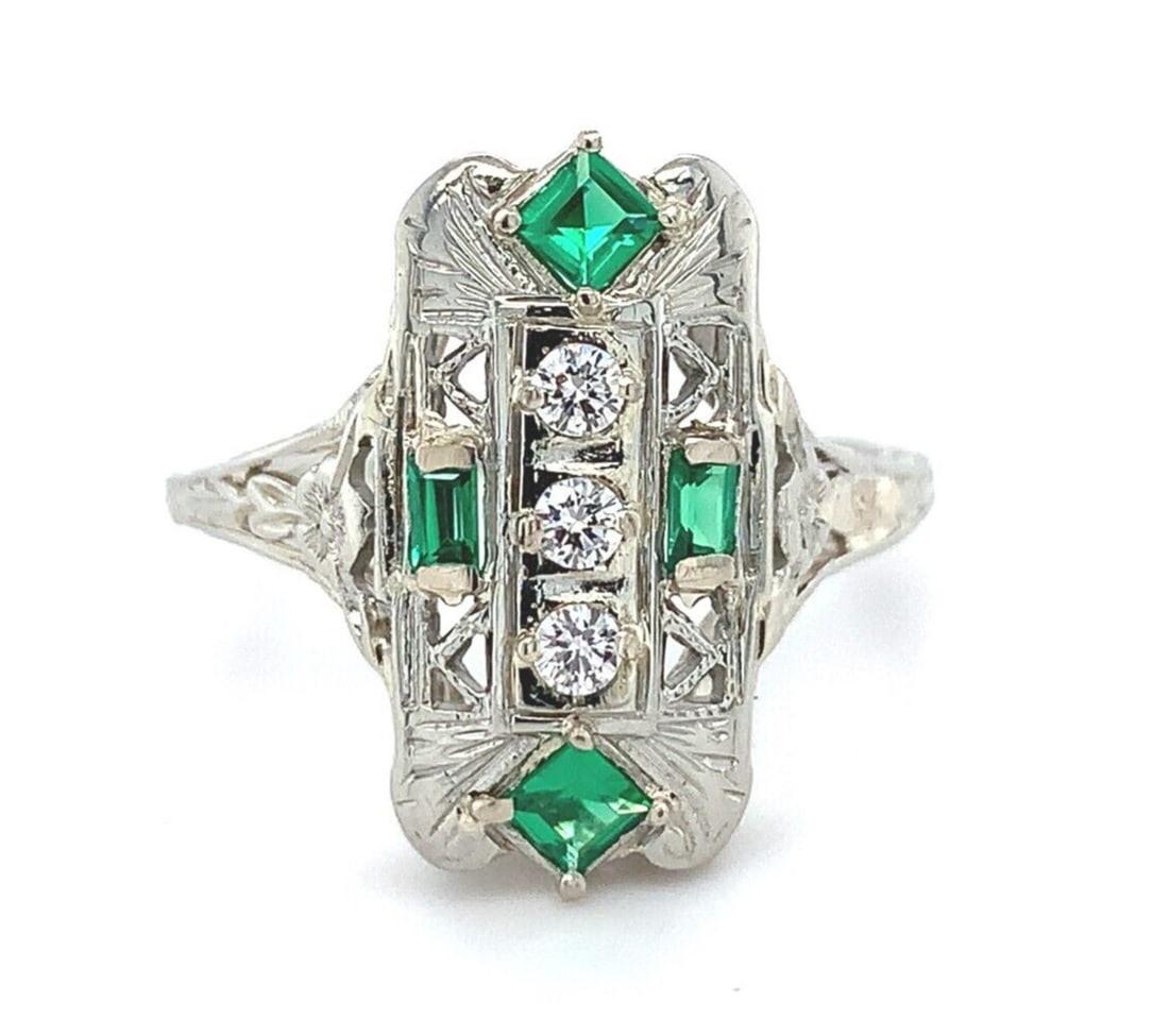 18k White Gold Art Deco Filigree Ring with Diamonds and Lab-Created Emeralds (1 of 9)
