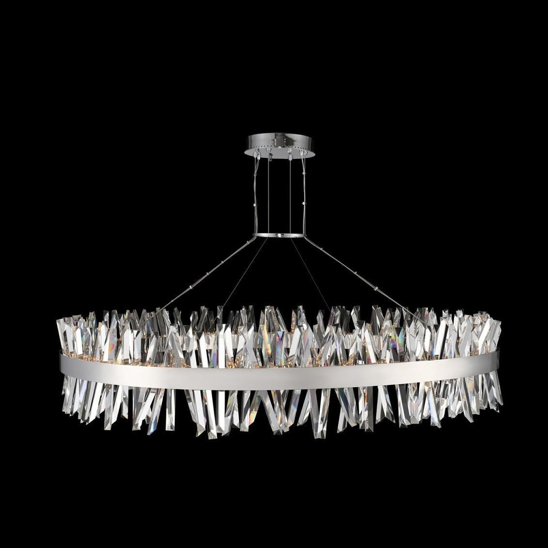 Kalco Glacier Contemporary Chrome LED Pendant Light 182W Dimmable 60-In Round: Kalco Glacier Contemporary Chrome LED Pendant Light 182W Dimmable 60-In Round Illuminate your space with this stunning Contemporary Chrome LED Pendant Light from the Glacier collection. Crafted from p