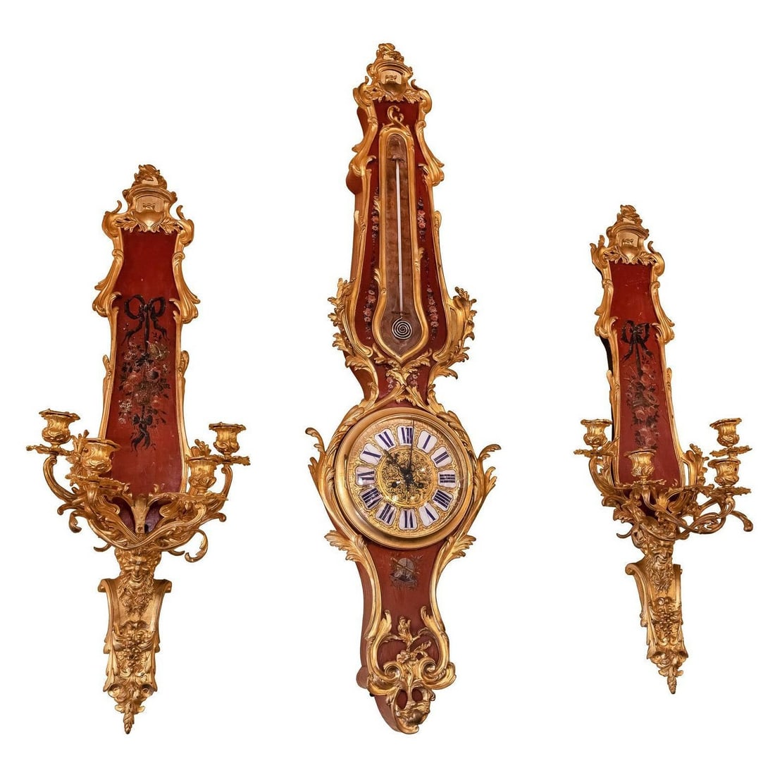 Three-Piece Vernis Martin Louis XV Painted Clock With Sconces Set: Three-Piece Vernis Martin Louis XV Painted Clock With Sconces Set This antique French Louis XV style garniture set from the late 19th century features a large wall clock accompanied by a matching pair