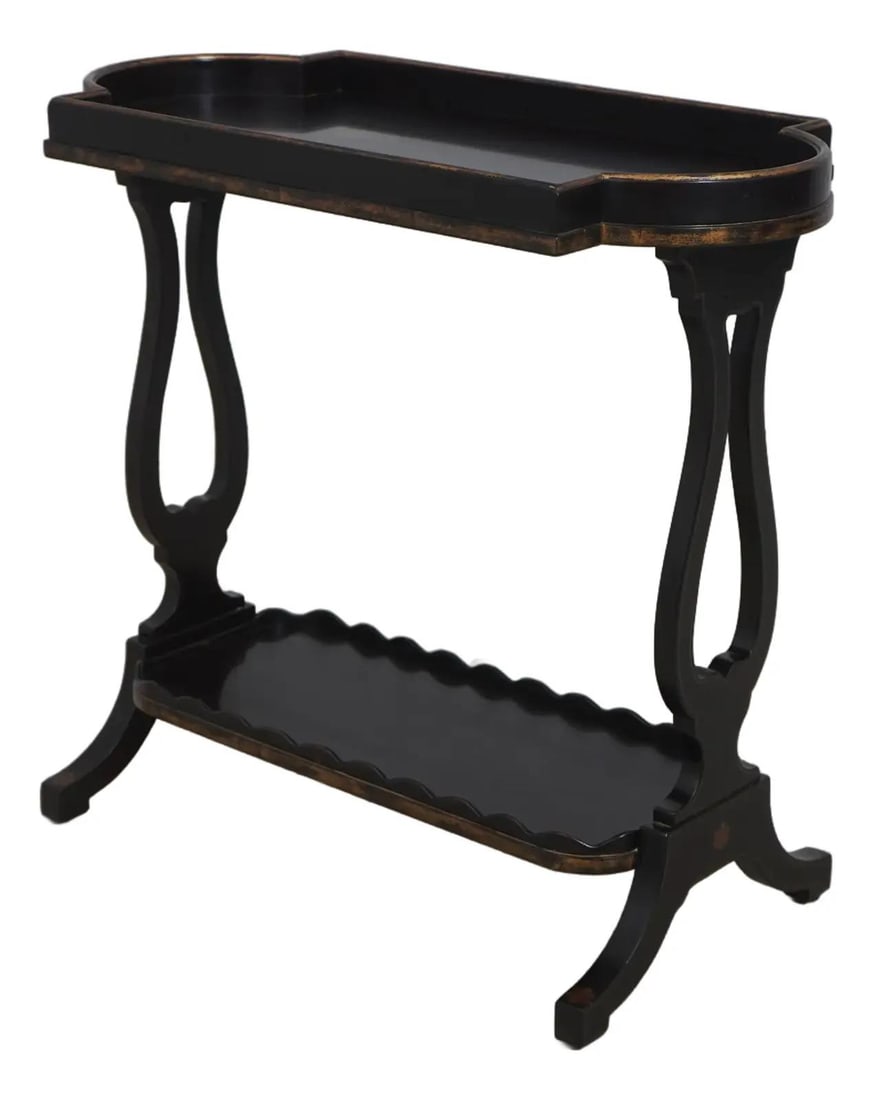 Theodore Alexander Regency Lyre Trestle Side Table Distressed Finish: Theodore Alexander Regency Lyre Trestle Side Table Distressed Finish This exquisite Regency Style Lyre Trestle Side Table showcases fine craftsmanship and timeless elegance. With details such as