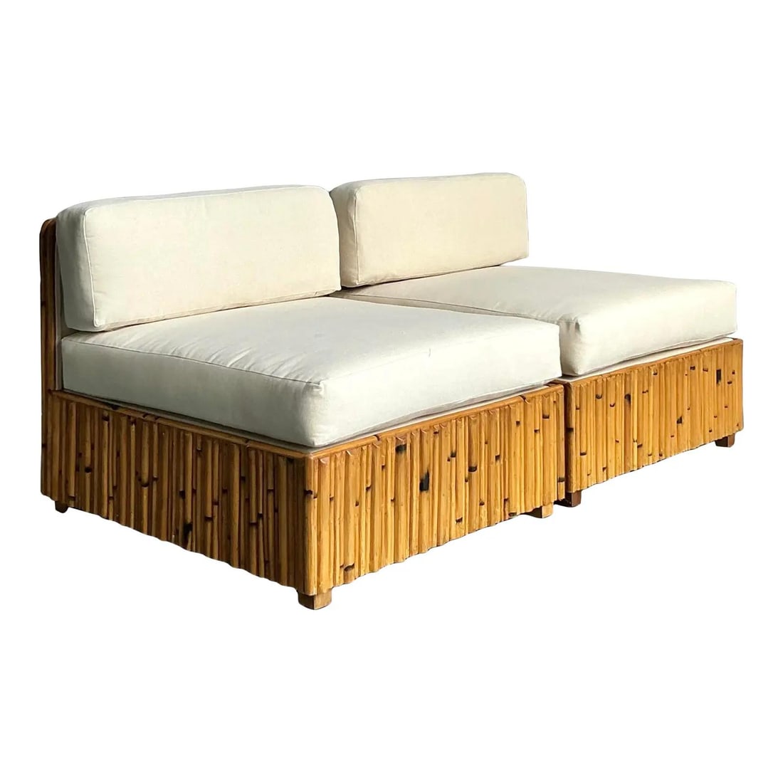 Pair of Vintage Rattan Slipper Chairs With Boho Coastal Design: Pair of Vintage Rattan Slipper Chairs With Boho Coastal Design This pair of vintage boho slipper chairs features artisan-crafted rattan bases with intricate diagonal layering that creates a rich, orga