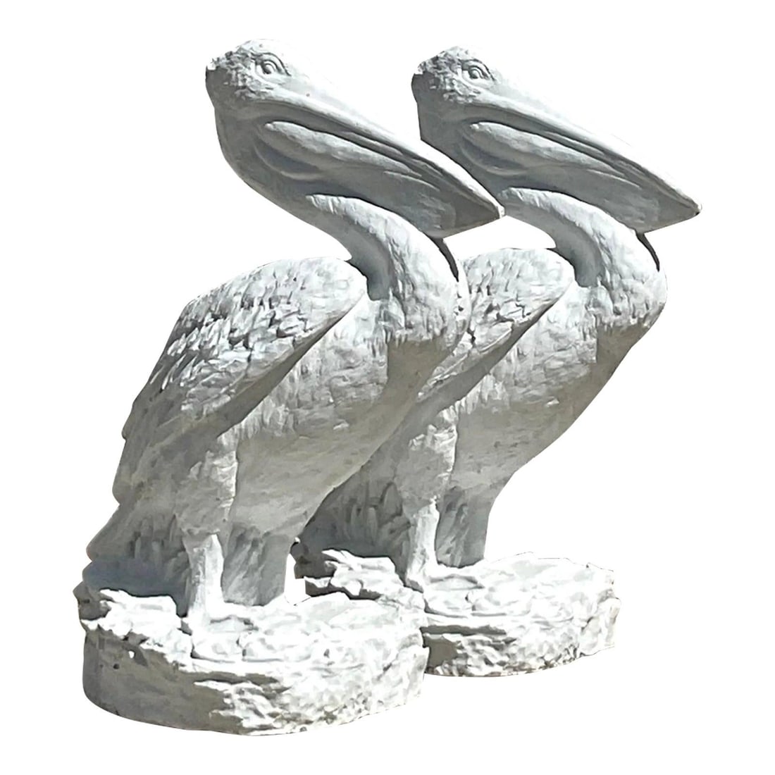 Pair of White Cast Concrete Pelican Sculptures Coastal Decor: Pair of White Cast Concrete Pelican Sculptures Coastal Decor This pair of vintage coastal pelican statues is crafted from solid cast concrete and finished in a fresh white paint. Each pelican features