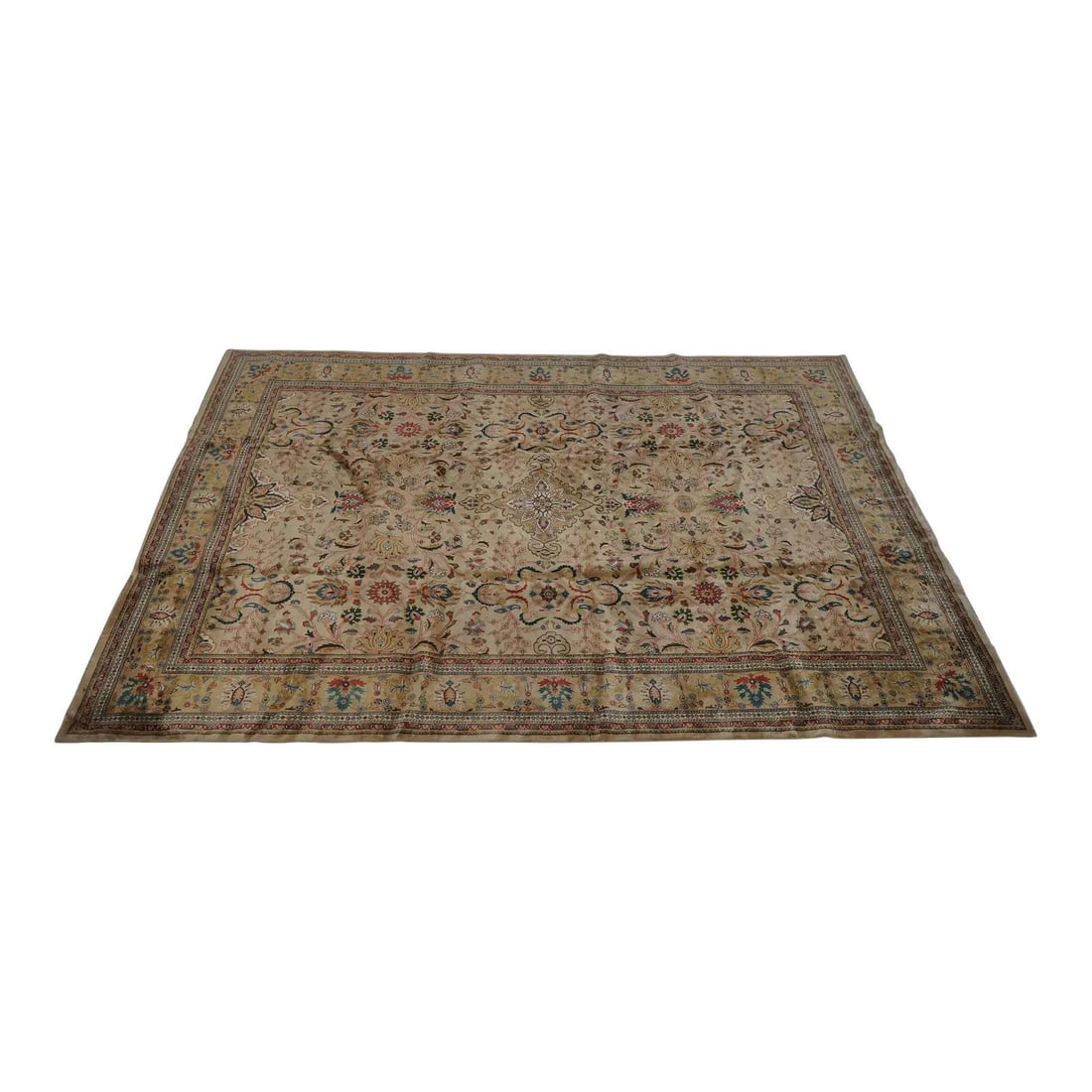 Hand Knotted Oriental Carpet 100 Percent Wool 107 x 142 Vintage: Hand Knotted Oriental Carpet 100 Percent Wool 107 x 142 Vintage This vintage hand-knotted Oriental rug features a tightly woven construction and is crafted from 100% wool pile. Approximately 60 years