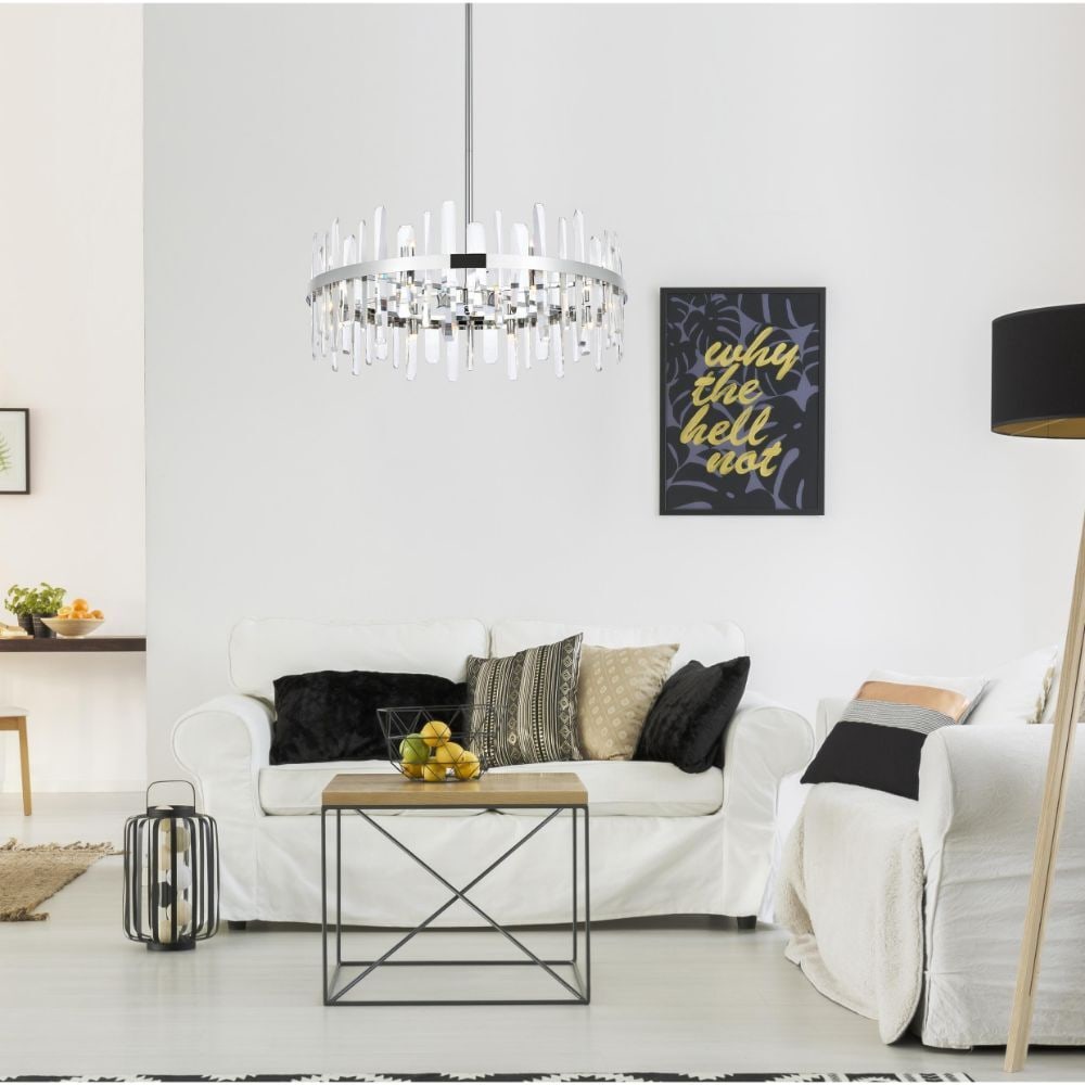 32 Inch Chrome Crystal Chandelier with 16 Lights for Modern Dining or Foyer: 32 Inch Chrome Crystal Chandelier with 16 Lights for Modern Dining or Foyer This modern chandelier features a chrome-plated finish and is adorned with high-quality royal cut clear crystals. Designed f