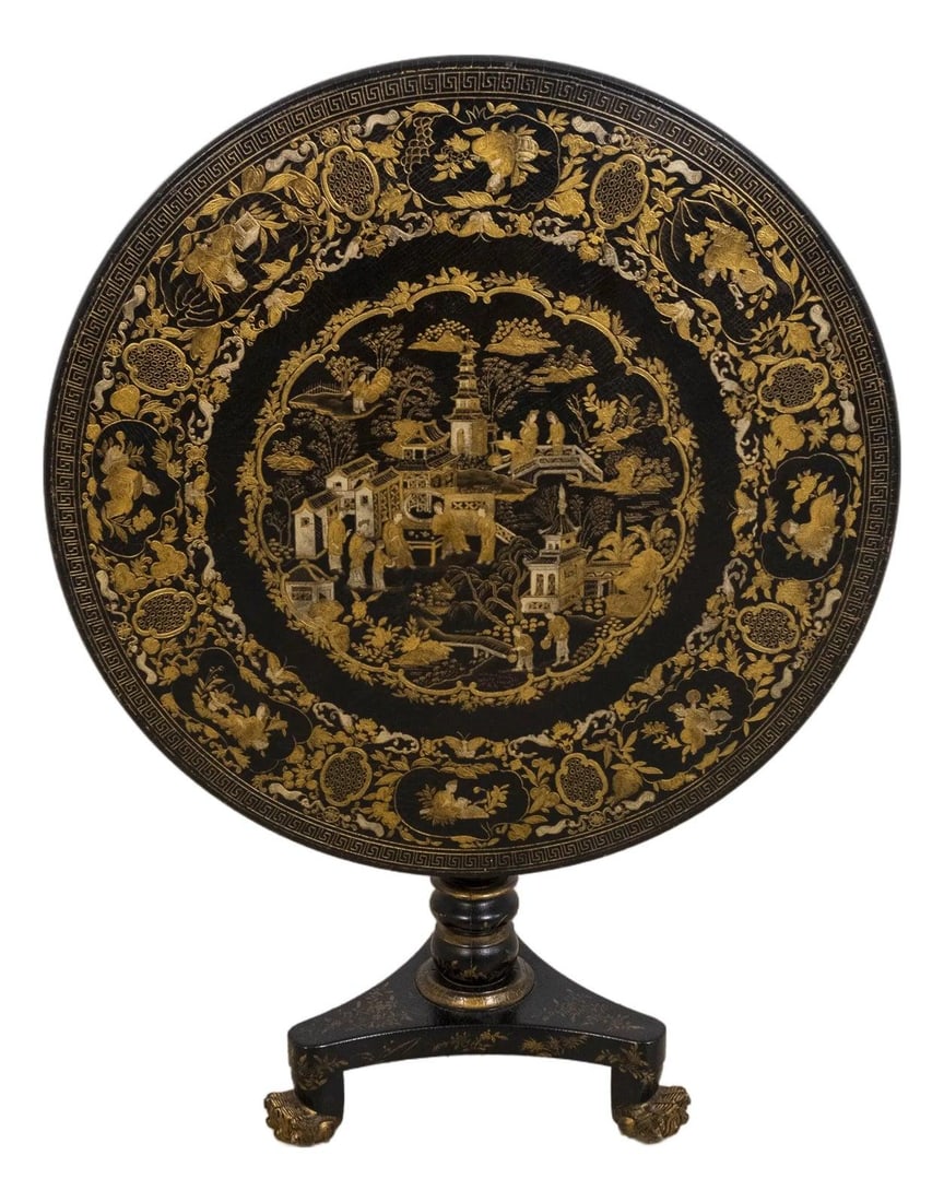 Baker Historic Charleston Chinoiserie Tilt Top Table with Carved Paw Feet: Baker Historic Charleston Chinoiserie Tilt Top Table with Carved Paw Feet This exquisite Baker Historic Charleston Chinoiserie Tilt Top Table showcases timeless craftsmanship with its unique design el