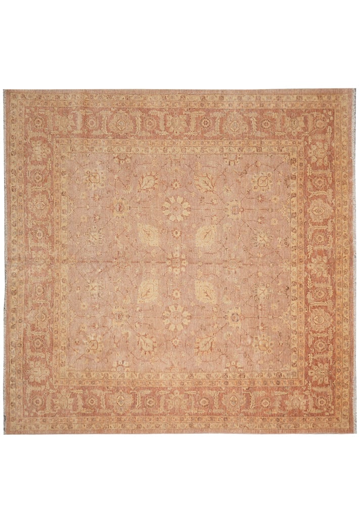 Hand-Knotted Zigler Wool Rug 117 x 120 in Neutral Peach Pakistan: Hand-Knotted Zigler Wool Rug 117 x 120 in Neutral Peach Pakistan Free continental US Shipping This hand-knotted square area rug is crafted in Pakistan using natural wool and features a neutral palette
