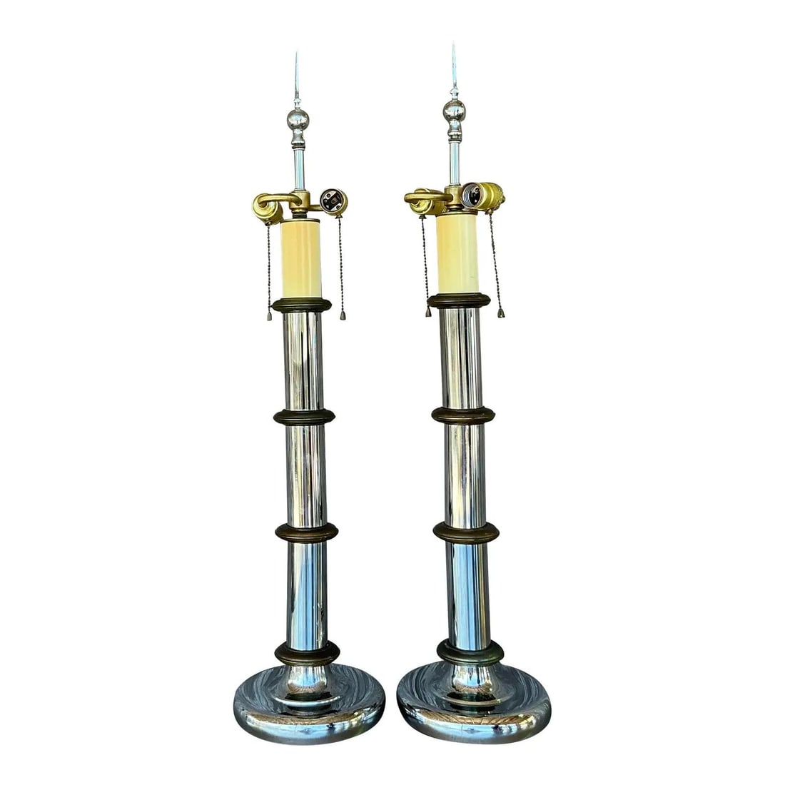 Vintage Pair of Hollywood Regency Brass and Chrome Pillar Lamps (1 of 6)
