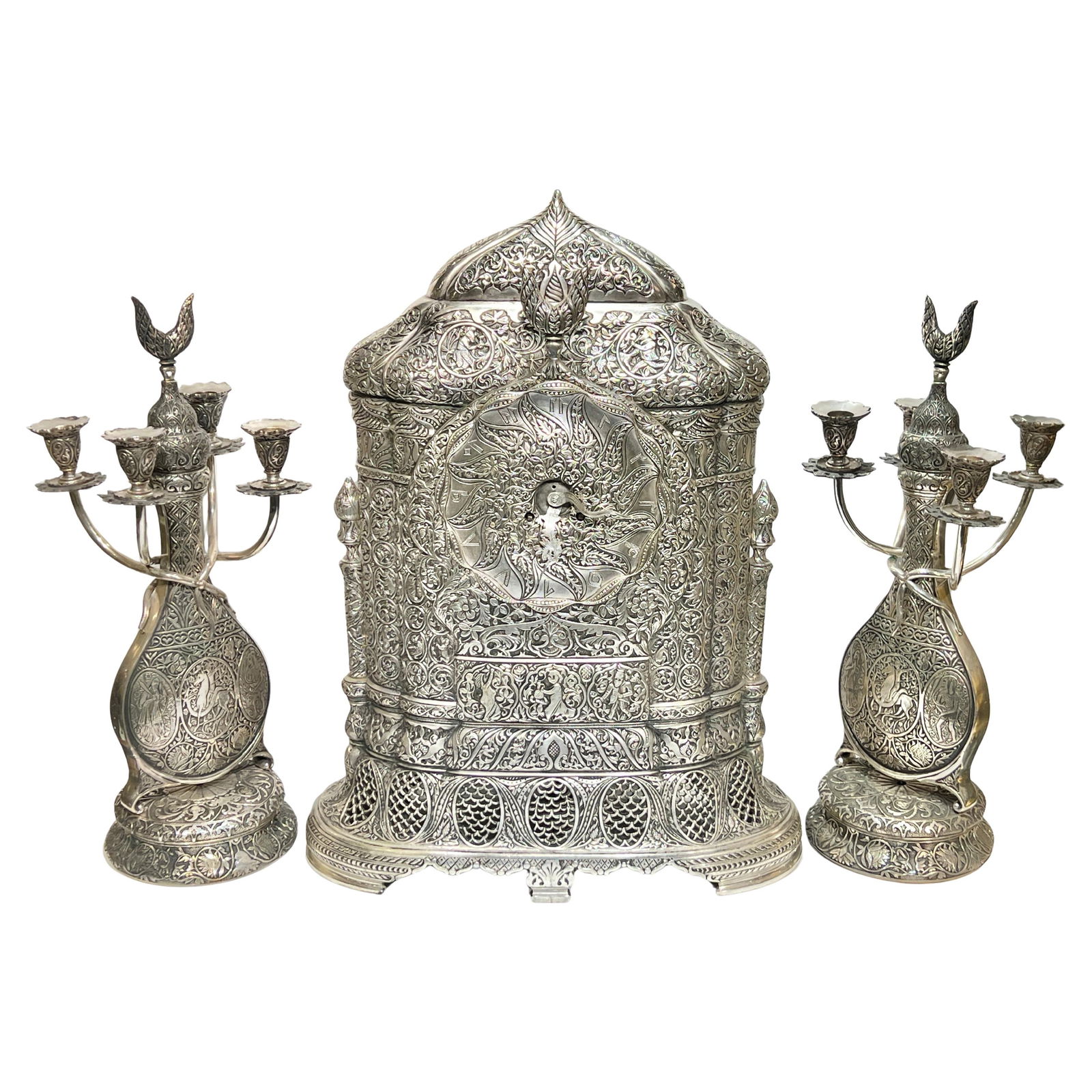 French Orientalist Silvered Bronze Mantel Clock with Pair of Four-Light Candelabra Set (1 of 10)