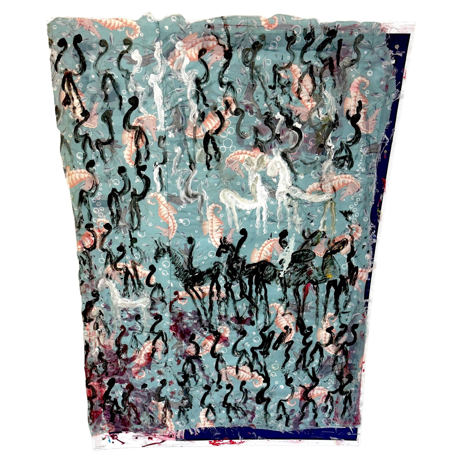 Purvis Young Mixed Media Artwork Seahorse Fabric Painted Warriors 48x32: Purvis Young Mixed Media Artwork Seahorse Fabric Painted Warriors 48x32 This striking mixed media artwork by Miami-born artist Purvis Young (1943-2010) features a unique combination of seahorse fabric