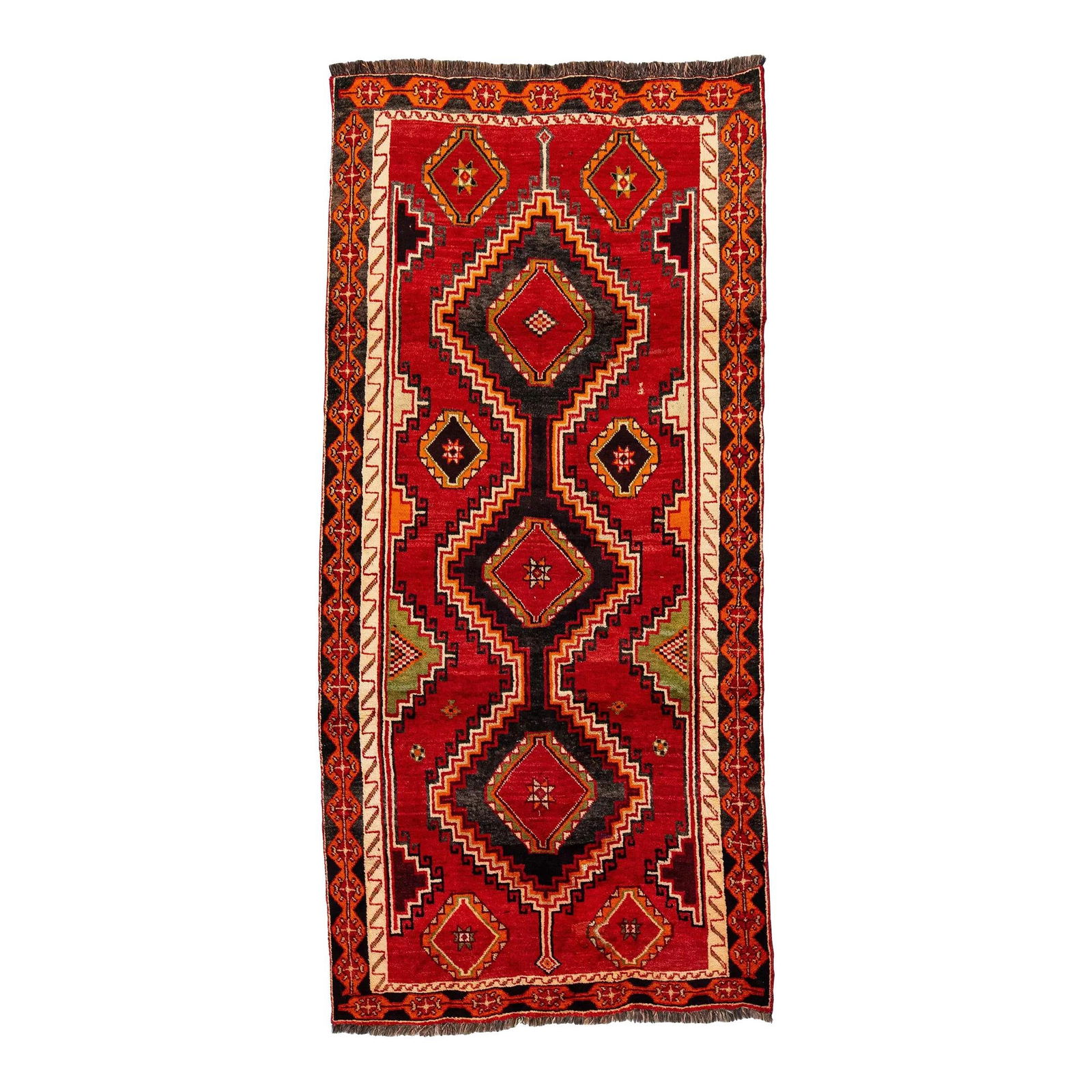 1960s Hand-Knotted Persian Shiraz Wool Runner Red Field 4'3 x 8'11: 1960s Hand-Knotted Persian Shiraz Wool Runner Red Field 4'3 x 8'11 This exquisite vintage Persian Shiraz runner is hand-knotted from high-quality wool, showcasing a vibrant red field beautifully accen