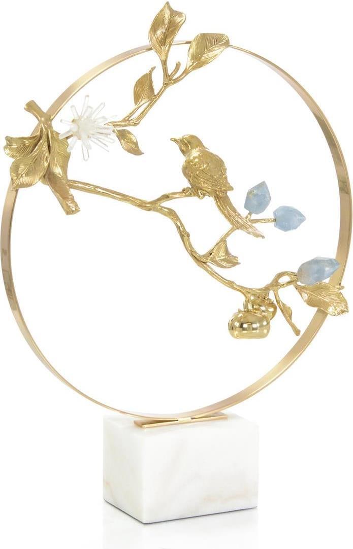 John-Richard Cyanite Flowers Sculpture with Elegant Bird 19H 14.5W 8D: John-Richard Cyanite Flowers Sculpture with Elegant Bird 19H 14.5W 8D This stunning sculpture features an elegant bird perched among beautifully crafted cyanite flowers, creating a captivating focal p