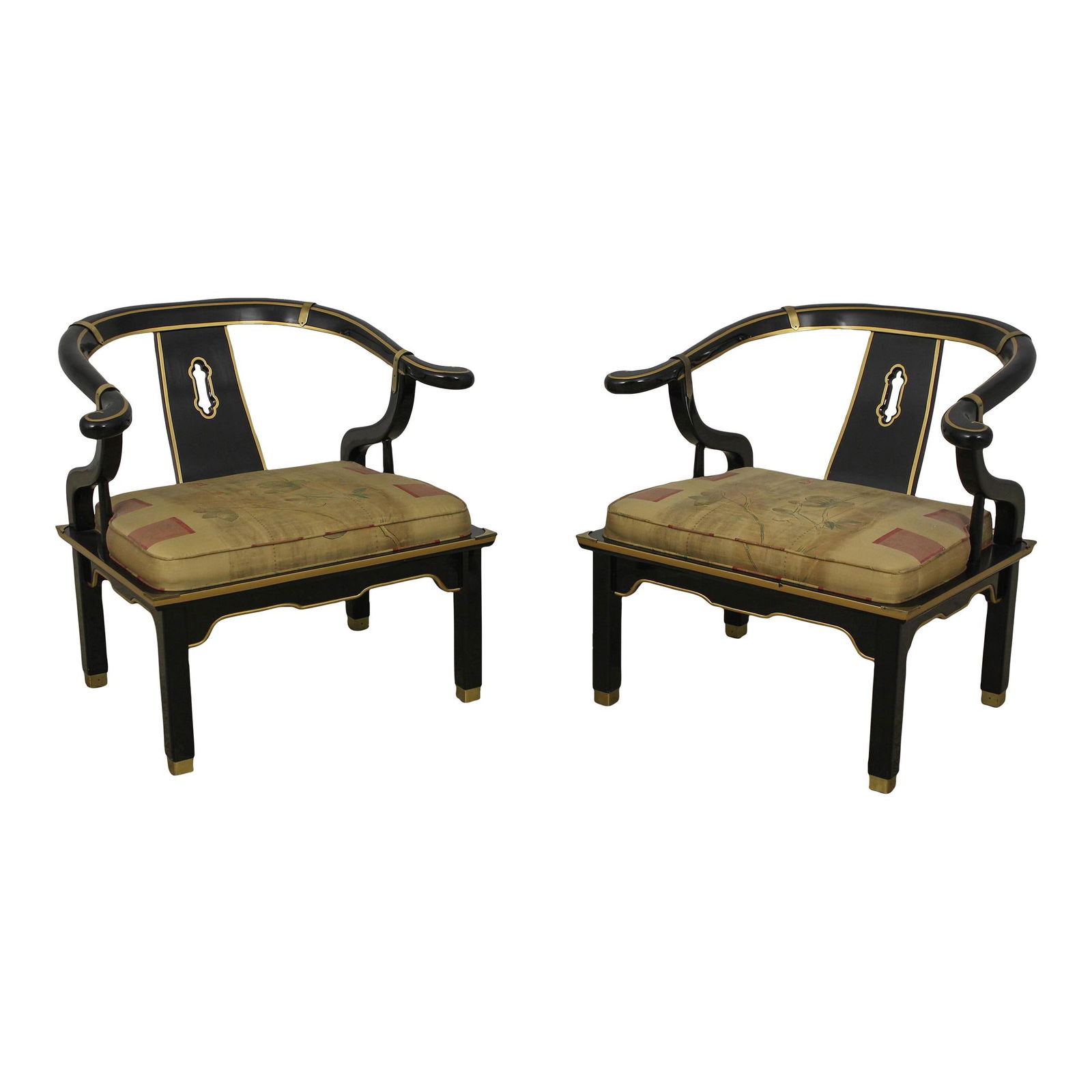 Mid Century Modern Chinoiserie Black Lacquer Armchairs with Brass Trim (1 of 10)