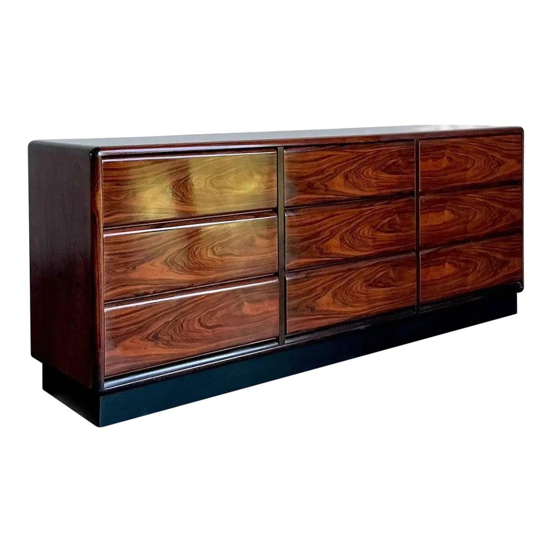 Scandinavian Rosewood Credenza by Brouer Denmark Mid-Century Modern 75x18x31: Scandinavian Rosewood Credenza by Brouer Denmark Mid-Century Modern 75x18x31 This vintage mid-century modern Brouer credenza exemplifies Scandinavian design with its rich, bookmatched rosewood grain a