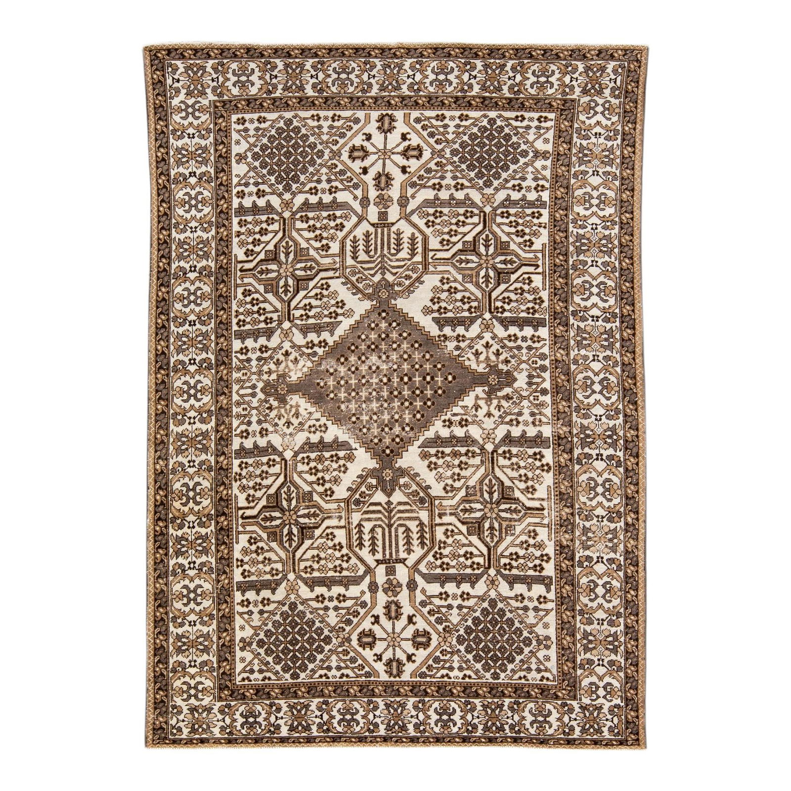 Vintage Persian Handmade Geometric Wool Rug 7'11 x 11'2 Ivory: Vintage Persian Handmade Geometric Wool Rug 7'11 x 11'2 Ivory This stunning Vintage Persian rug features a beautifully distressed design, hand-knotted from high-quality wool. The rug showcases a soft