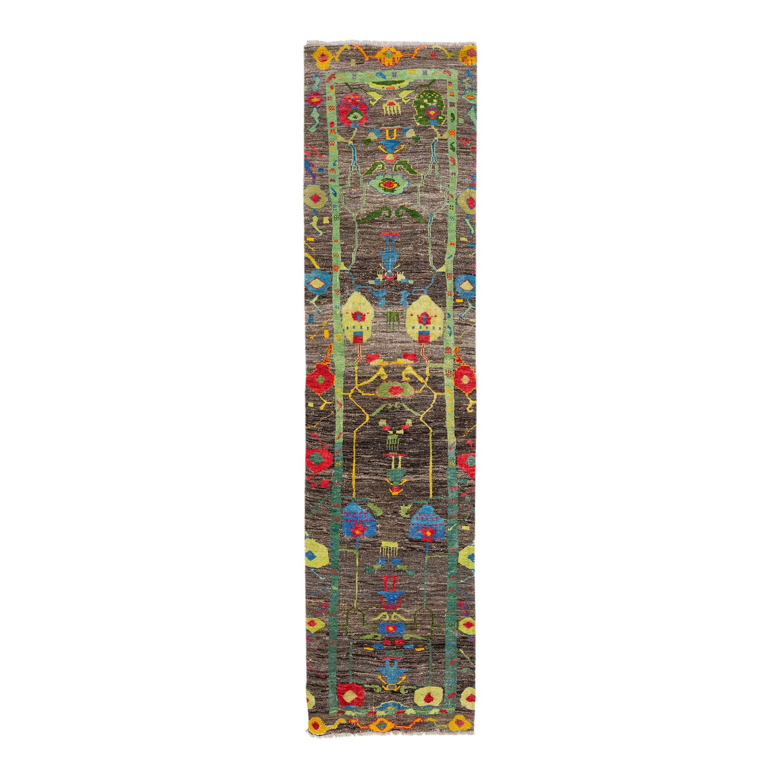 Modern Oushak Hand-Knotted Wool Runner Multicolor Floral 2'7" x 10'6" (1 of 10)