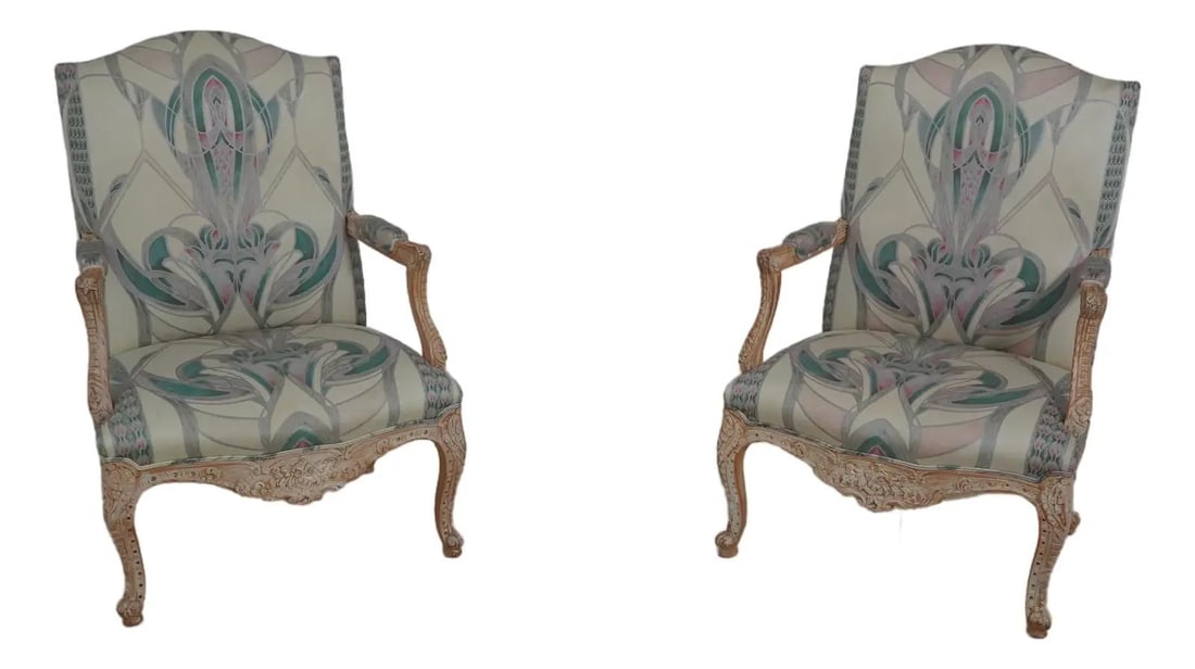 Set of Two French Style Carved White Wash Open Arm Library Chairs: Set of Two French Style Carved White Wash Open Arm Library Chairs This pair of vintage French Louis XV open arm library chairs features finely carved details and high-quality construction, showcasing