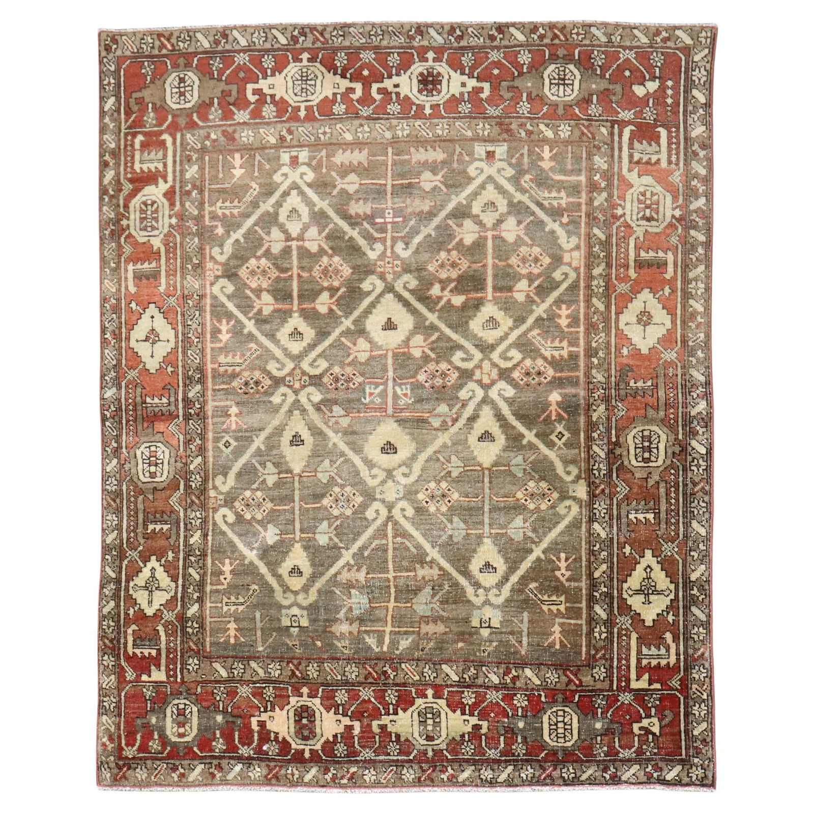 Antique Persian Heriz Rug Green Brown Hand-Woven 20th Century 4'4" x 5'7" (1 of 11)