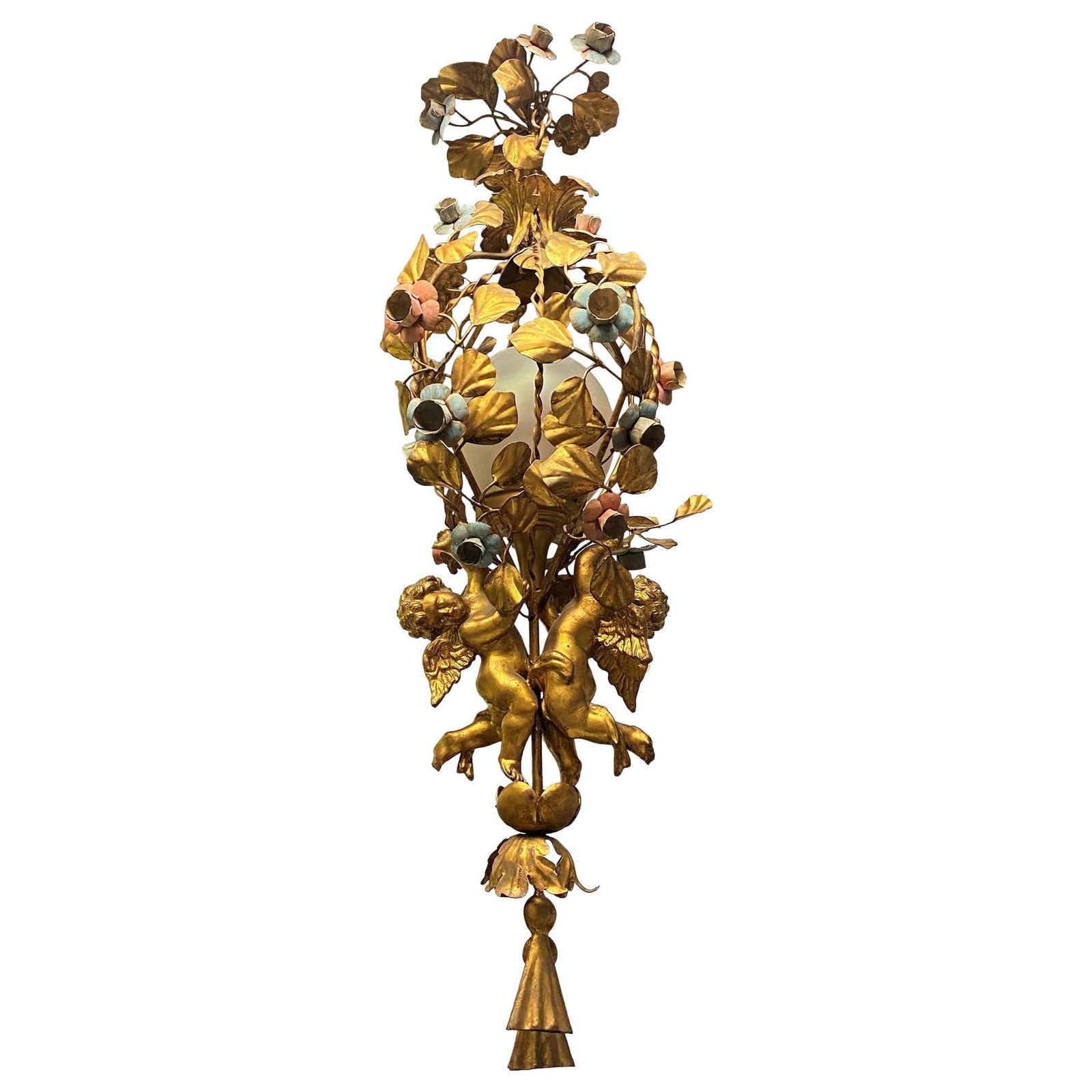 French Victorian Gilt Metal Chandelier with Tole Cherub and Polychrome Flowers (1 of 13)