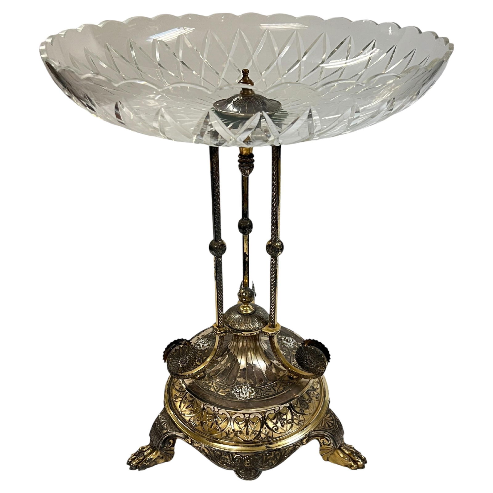 Large Silver Plate Centerpiece With Cut Glass Bowl and Neoclassical Motifs (1 of 10)