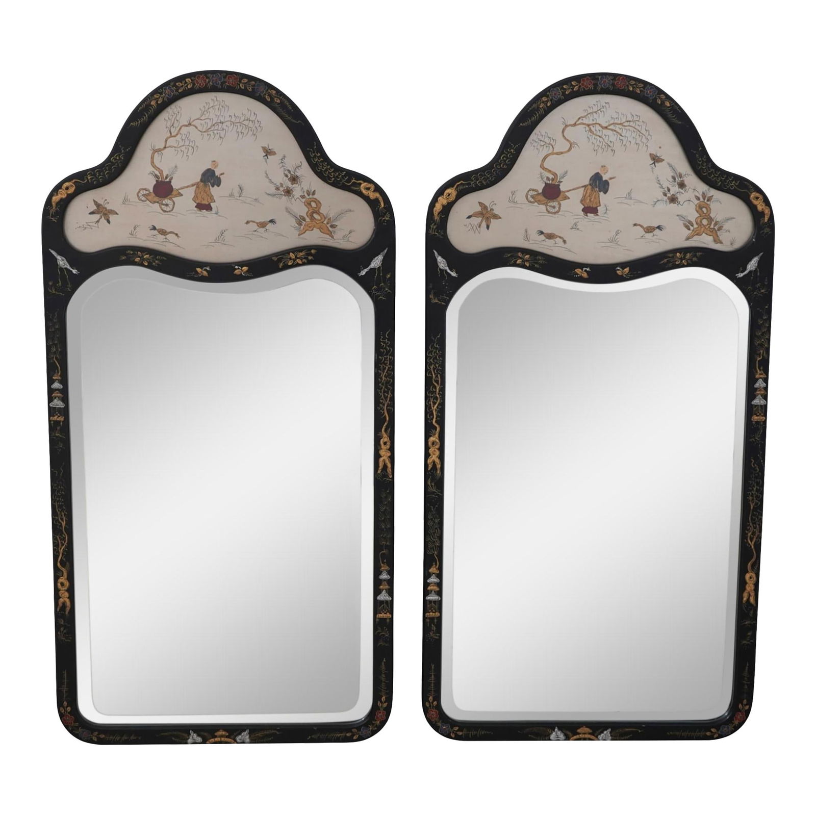 Friedman Brothers Chinoiserie Designer Mirrors Pair Beveled Glass Silver Ebonized Frame (1 of 8)