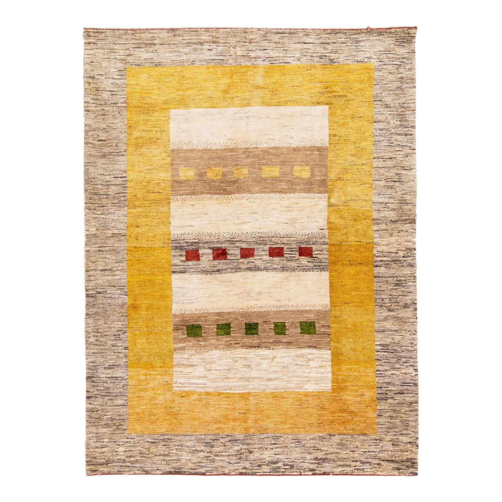 Modern Persian Gabbeh Hand-Knotted Wool Rug Brown Yellow 4'9 x 6'6: Modern Persian Gabbeh Hand-Knotted Wool Rug Brown Yellow 4'9 x 6'6 Enhance your space with this stunning modern Gabbeh hand-knotted wool rug. Featuring a rich brown and yellow field, this Persian rug