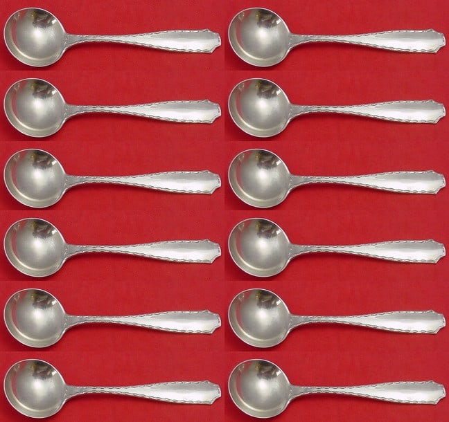 Tiffany & Co Marquise Sterling Silver Soup Spoon Set 12 pcs 5 3/8: Tiffany & Co Marquise Sterling Silver Soup Spoon Set 12 pcs 5 3/8 This exquisite set features 12 bouillon soup spoons in the elegant Marquise pattern by Tiffany & Co. Each spoon is crafted from high-q