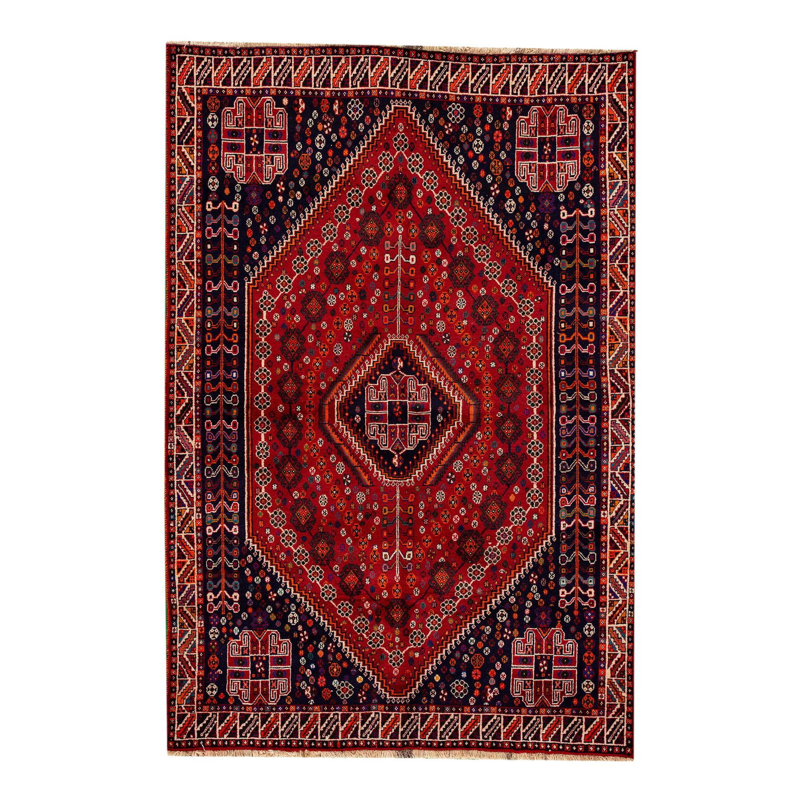 Vintage Persian Shiraz Hand-Knotted Red Wool Rug 5'5" x 8': Vintage Persian Shiraz Hand-Knotted Red Wool Rug 5'5" x 8' This exquisite vintage Persian Shiraz rug features a stunning hand-knotted design with a vibrant red field. Adorned with a colorful all-over
