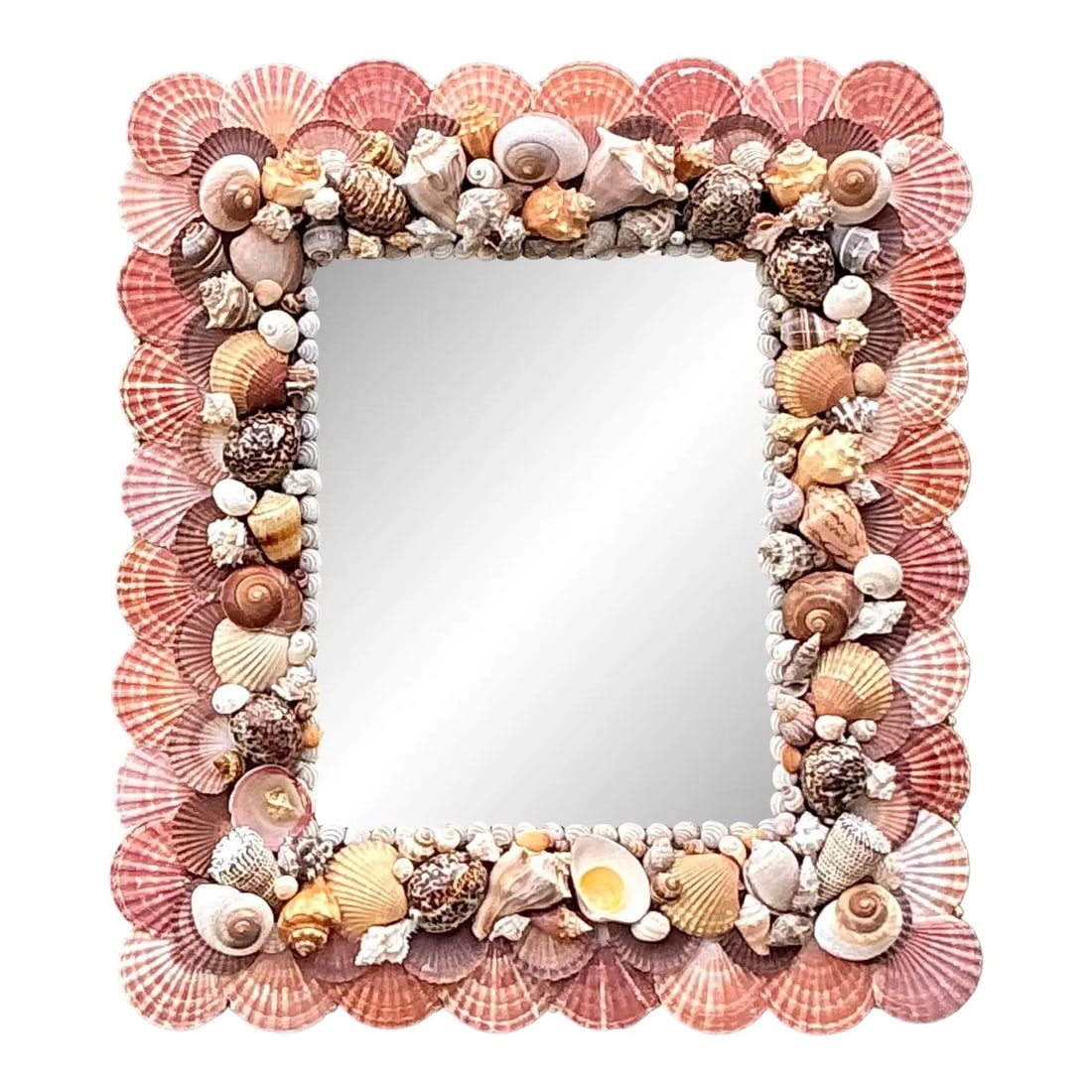 Coastal Shell Embellished Rectangular Wall Mirror with Scalloped Rose Fan Border: Coastal Shell Embellished Rectangular Wall Mirror with Scalloped Rose Fan Border This vintage wall mirror features a rectangular frame intricately encrusted with a variety of hand-placed seashells, in