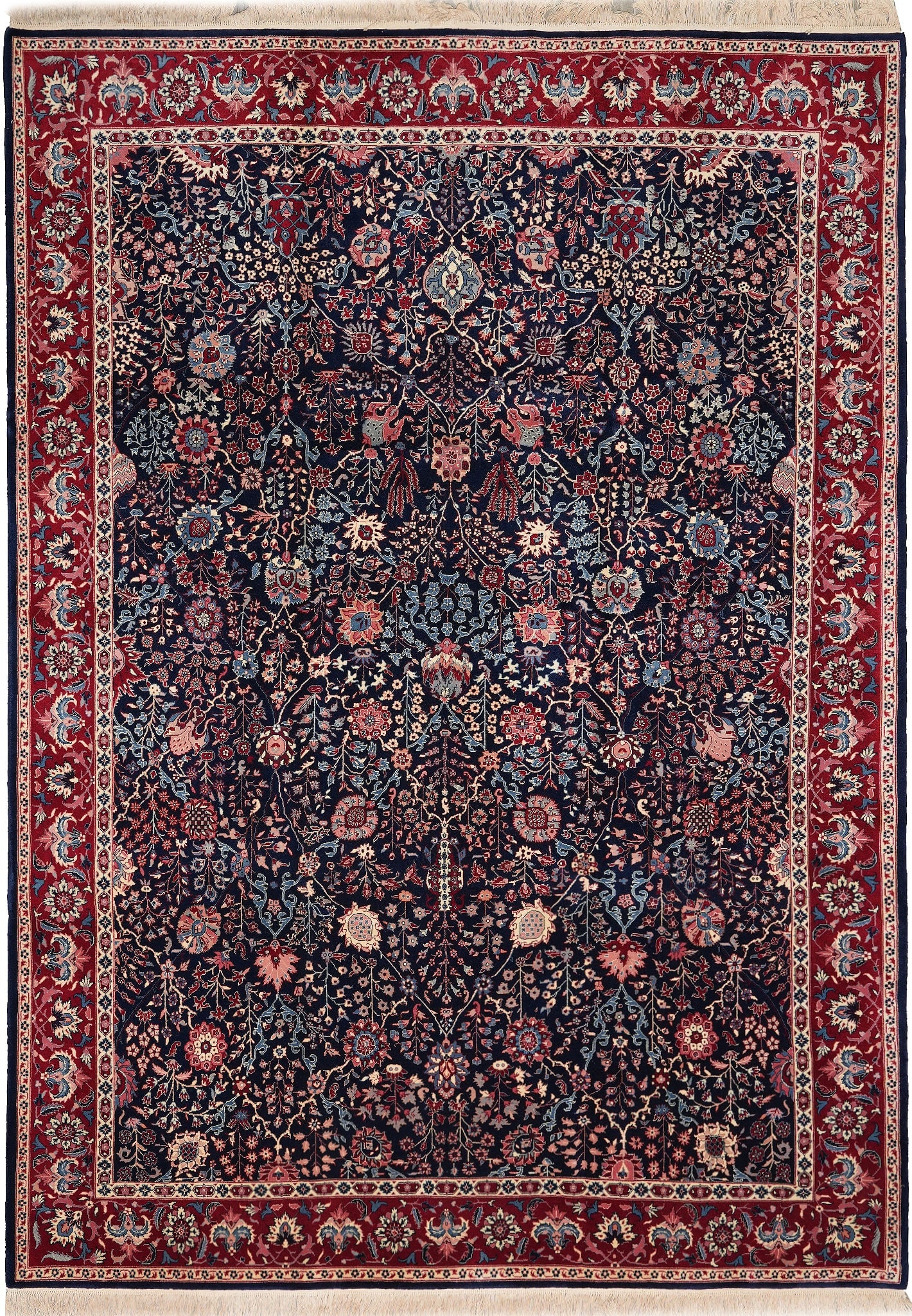 Handmade Midnight Blue Wool Silk Rug 8'6 x 11'6 China: Handmade Midnight Blue Wool Silk Rug 8'6 x 11'6 China Free continental US Shipping Enhance your living space with this exquisite handmade rug in a striking midnight blue color. Measuring 8.6 x 11.6 fe