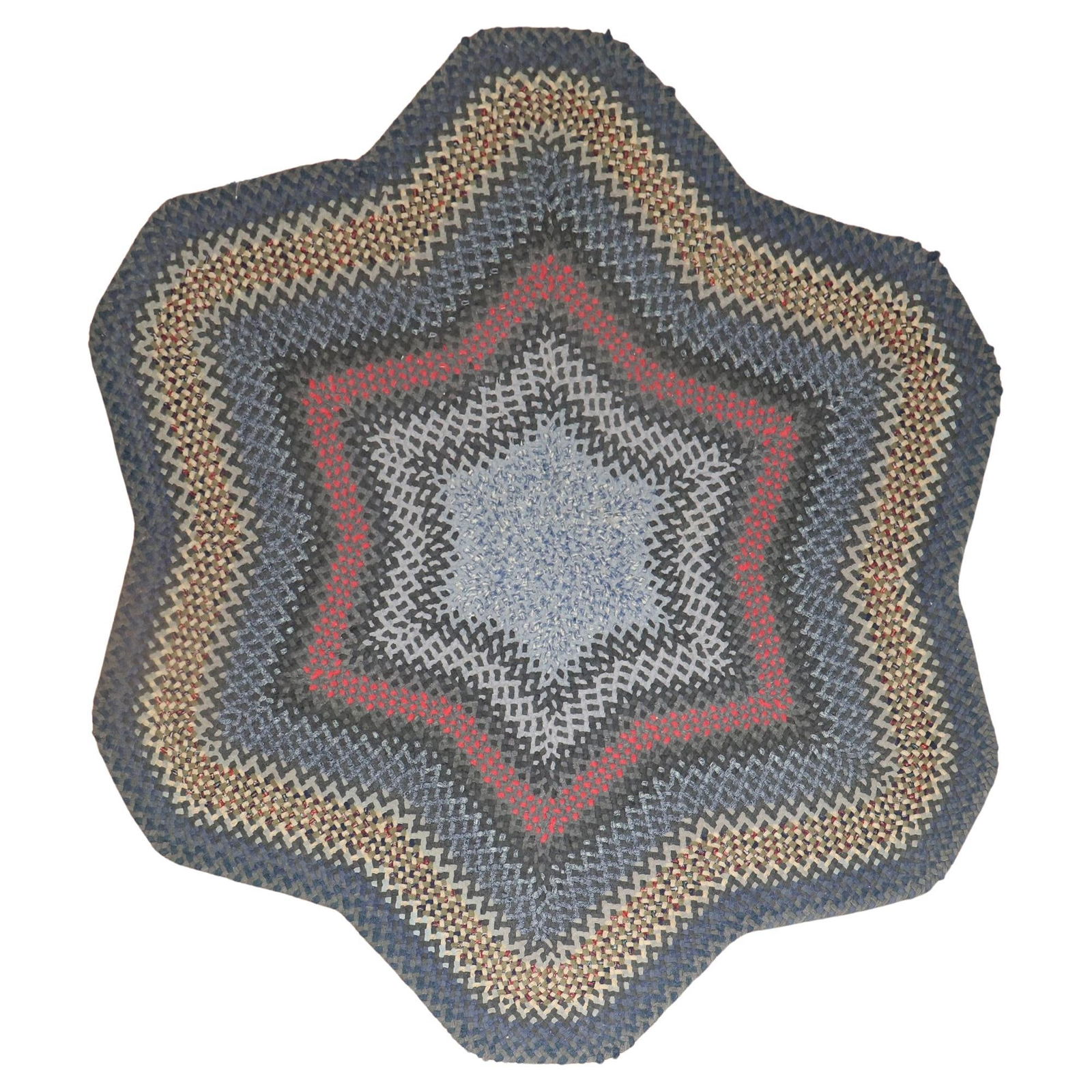 Small Folk Art Wool Braided Rug 52 x 62 Inch American 20th Century: Small Folk Art Wool Braided Rug 52 x 62 Inch American 20th Century This vintage American braided carpet from the third quarter of the 20th century features a classic folk art style. Crafted from wool