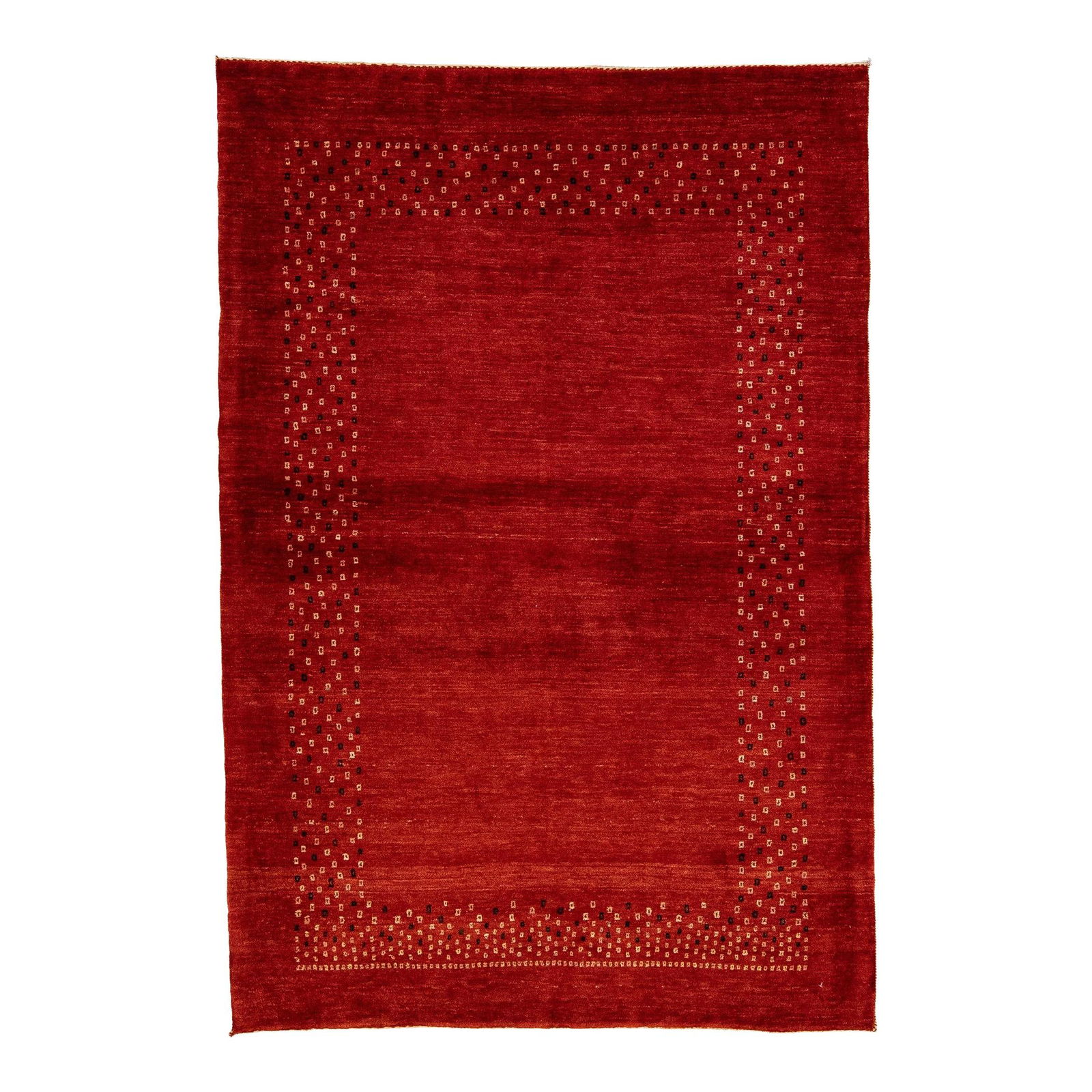 Modern Gabbeh Red Handmade Wool Rug 4' x 6' Minimalist Design: Modern Gabbeh Red Handmade Wool Rug 4' x 6' Minimalist Design Enhance your space with this stunning modern Gabbeh hand-knotted wool rug, featuring a vibrant red field adorned with elegant beige and bl