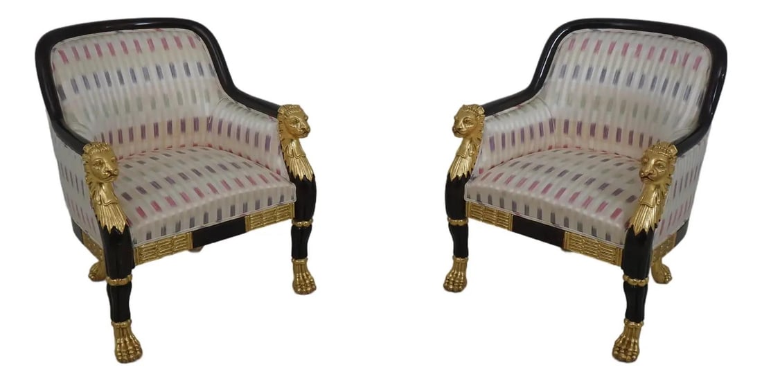 Regency Style Lion Head Barrel Back Chairs with Gold Leaf Details: Regency Style Lion Head Barrel Back Chairs with Gold Leaf Details This exquisite pair of Regency Style Lion Head Barrel Back Chairs showcases a timeless design, perfect for enhancing any living space.