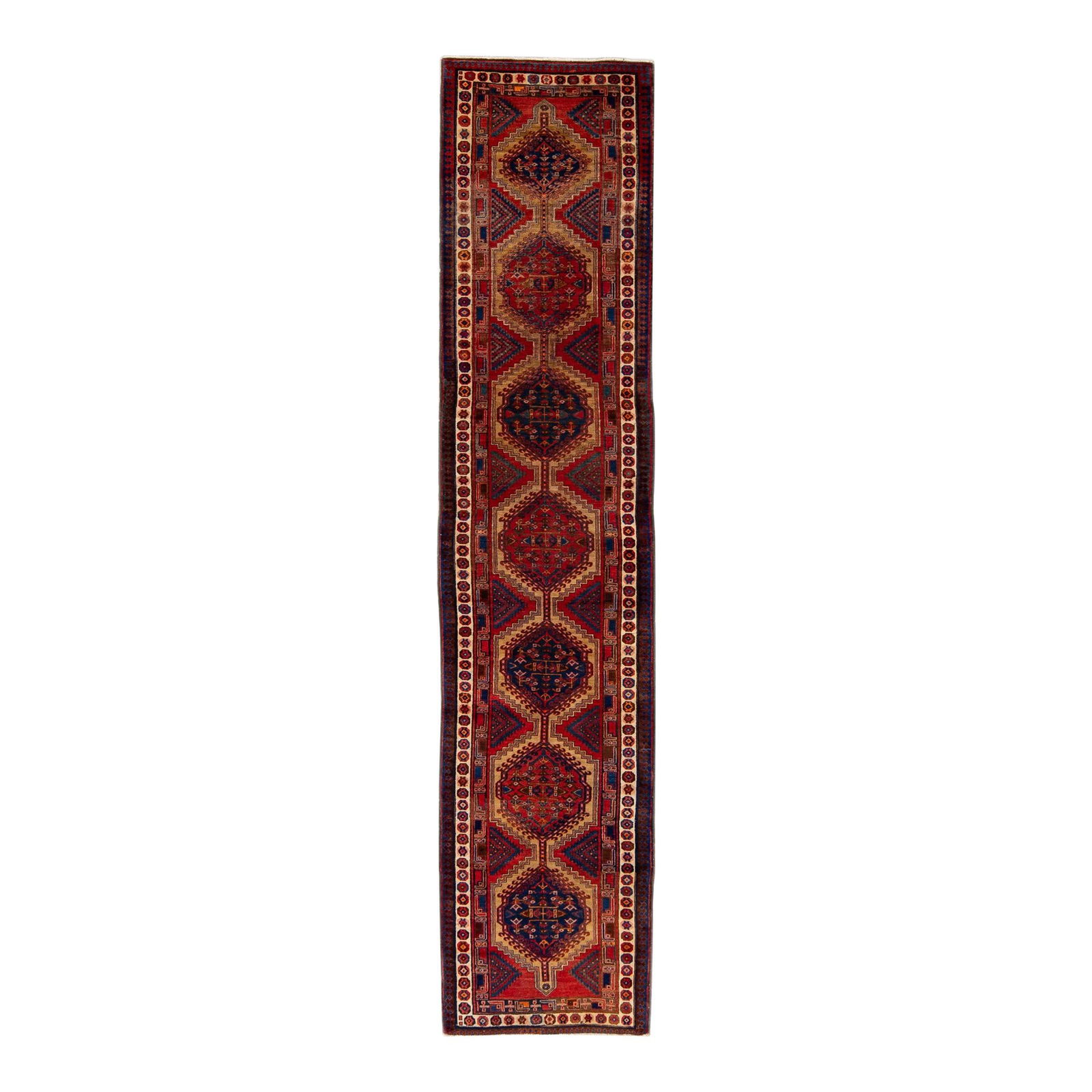 Antique Red Persian Heriz Wool Runner Rug 3'1" x 14'2" Geometric Design: Antique Red Persian Heriz Wool Runner Rug 3'1" x 14'2" Geometric Design Enhance your space with this exquisite Vintage Red Persian Heriz Handmade Wool Runner. This stunning rug features a vibrant all-