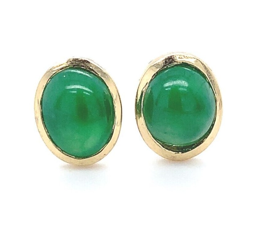 18k Yellow Gold A Grade Jadeite Jade Stud Earrings Bezel Set (1 of 7)