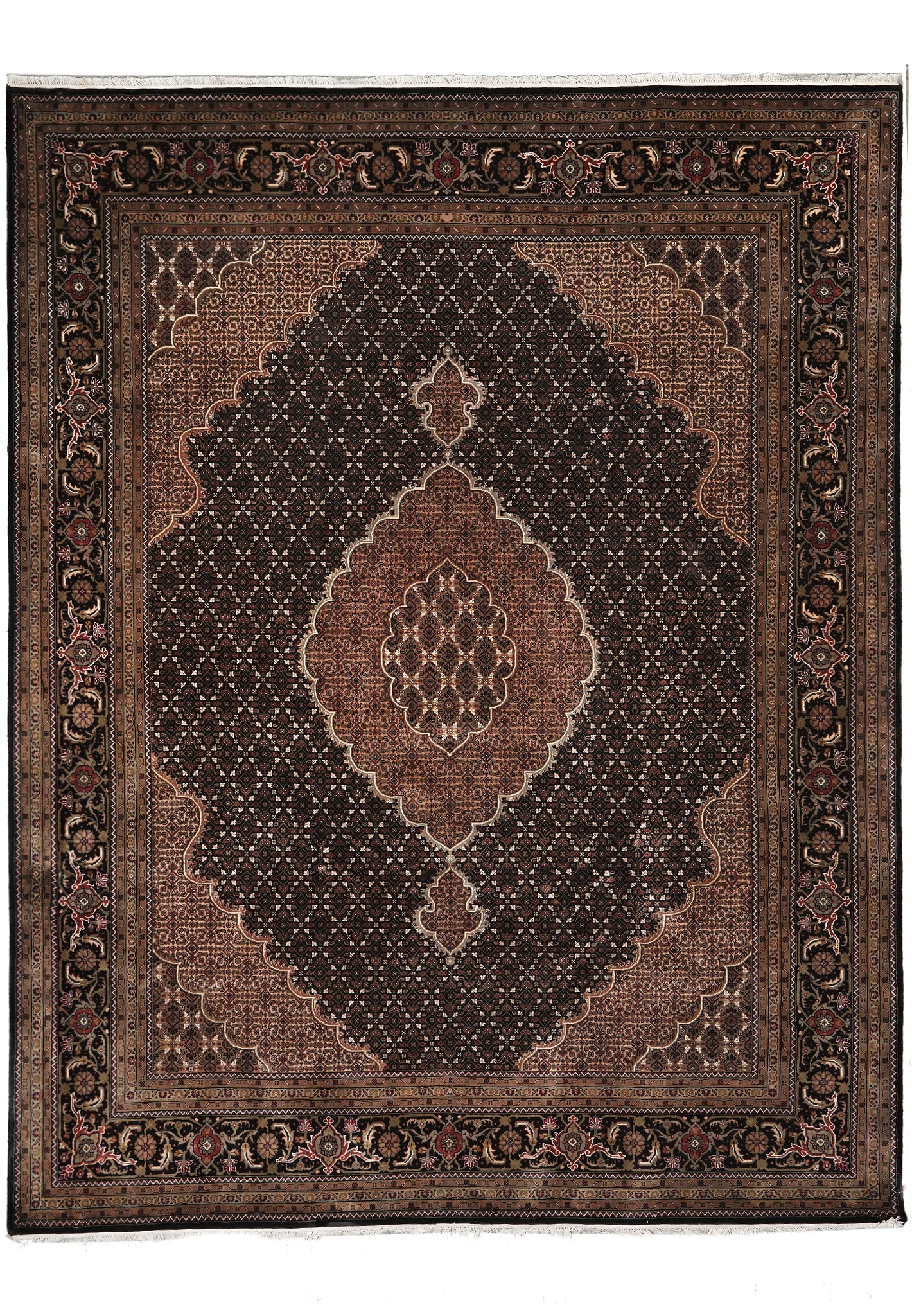 8 x 10.4 Mahi Tabriz Handmade Wool Silk Persian Area Rug Black: 8 x 10.4 Mahi Tabriz Handmade Wool Silk Persian Area Rug Black Free continental US Shipping This handmade area rug is a high-quality example of Persian craftsmanship from Tabriz, Iran. Featuring the c