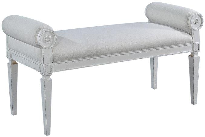 Elegant Swedish Afton Bench White Finish Performance Fabric: Elegant Swedish Afton Bench White Finish Performance Fabric Introducing the Luxurious Swedish Bench, a stunning addition to your home decor. This new item showcases an antique style with a beautiful a