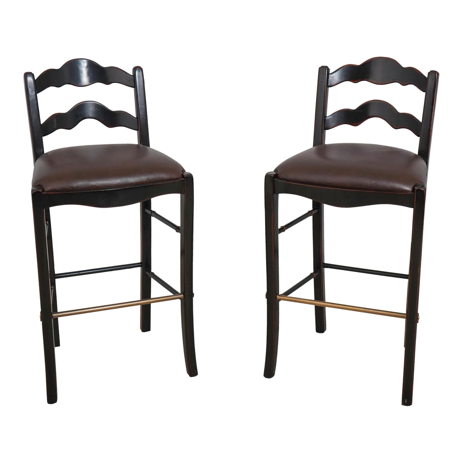 Theodore Alexander French Country Leather Seat Counter Chairs Pair: Theodore Alexander French Country Leather Seat Counter Chairs Pair Enhance your dining or kitchen space with this exquisite pair of Theodore Alexander French Country Style counter chairs. Crafted with