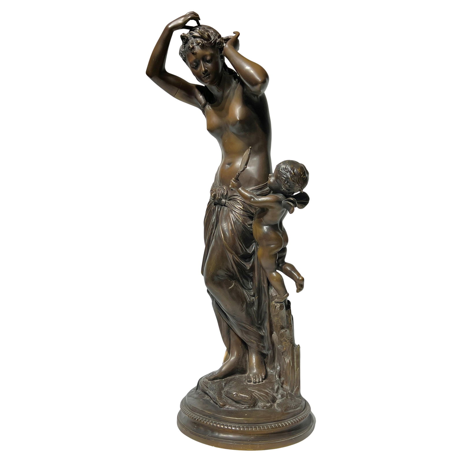 Neoclassical Bronze Venus and Cupid Statue After Jean Louis Gregoire: Neoclassical Bronze Venus and Cupid Statue After Jean Louis Gregoire This antique bronze sculpture, crafted in the late 19th century, depicts Venus admiring herself in a mirror held by Cupid. Attribut