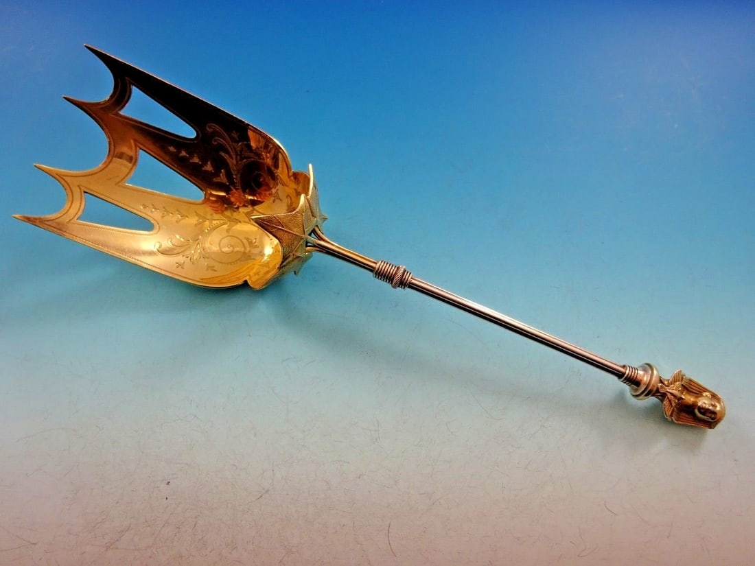 Wendt Egyptian Revival Sterling Silver Buffet Fork Gold Washed 10 1/4" (1 of 9)