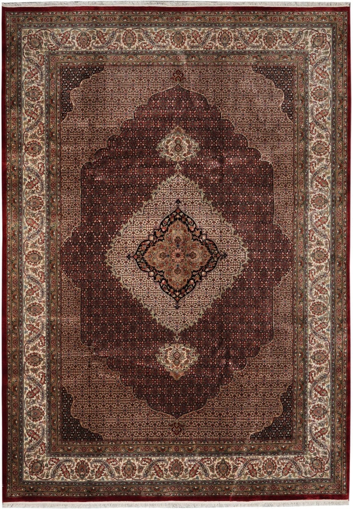 8.3 x 11.4 Hand-Knotted Wool Silk Mahi Tabriz Rug Ruby Red India: 8.3 x 11.4 Hand-Knotted Wool Silk Mahi Tabriz Rug Ruby Red India Free continental US Shipping This fine quality Mahi Tabriz area rug measures 8.3 x 11.4 feet and is hand-knotted from a blend of wool a