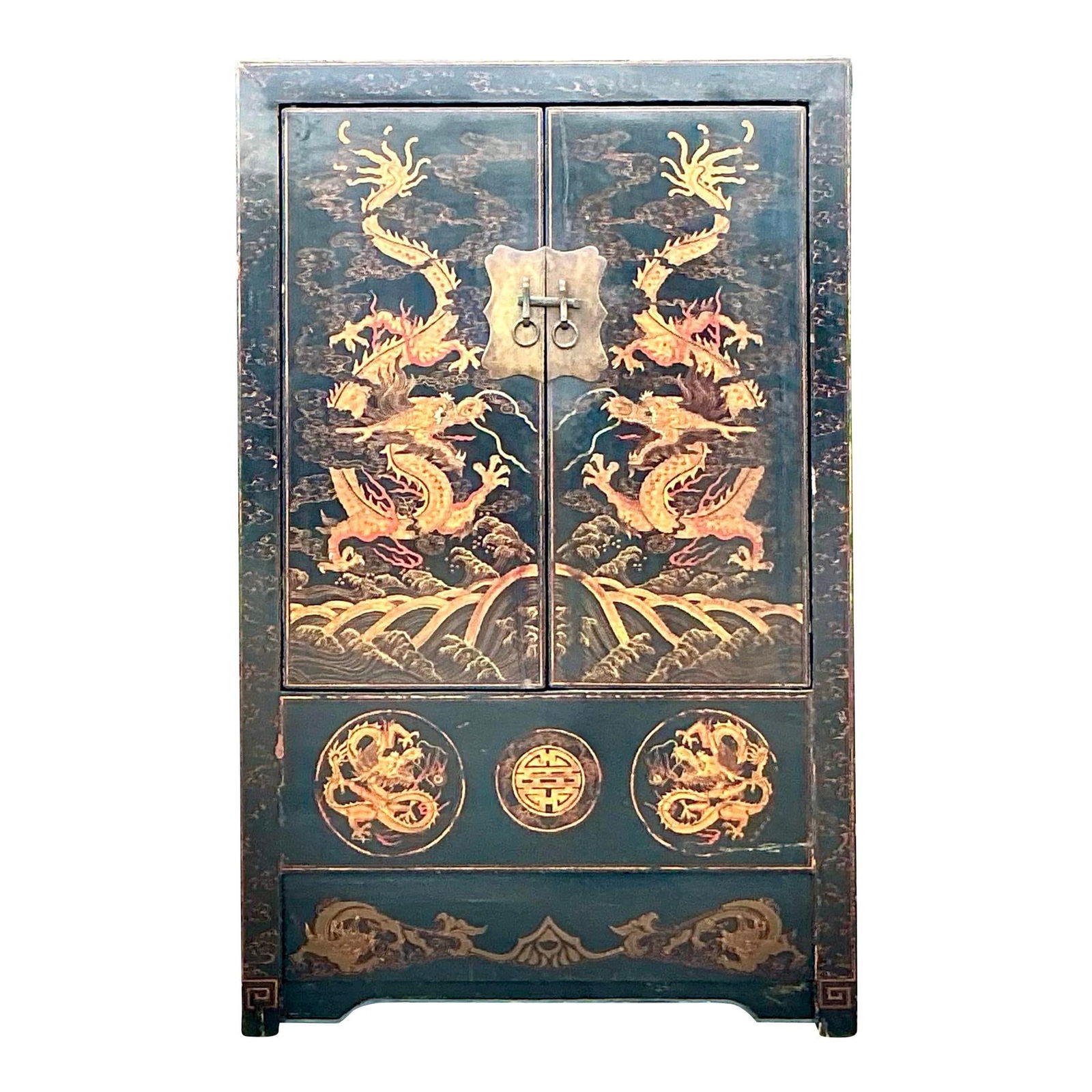 Vintage Asian Hand-Painted Dragon Cabinet Black Wood Storage: Vintage Asian Hand-Painted Dragon Cabinet Black Wood Storage Enhance your home decor with this Vintage Asian Hand-Painted Dragon Cabinet. Adorned with a striking dragon motif, this cabinet embodies bo