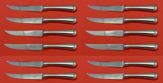 Gorham Old French Sterling Silver Steak Knife Set 12 pcs 8 1/2": Gorham Old French Sterling Silver Steak Knife Set 12 pcs 8 1/2" Introducing a stunning custom set of 12 Old French steak knives by Gorham, each measuring 8 1/2 inches. Crafted from sterling silver wit