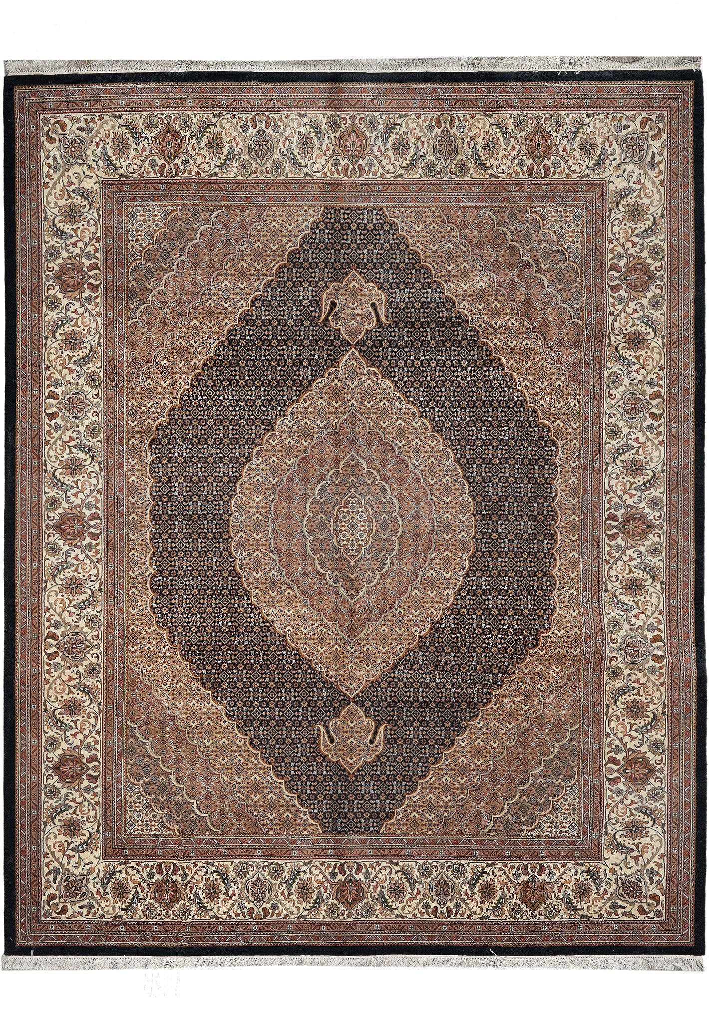 8 x 10.3 Black Mahi Tabriz Wool Silk Handmade Area Rug: 8 x 10.3 Black Mahi Tabriz Wool Silk Handmade Area Rug Free continental US Shipping This 8 x 10.3 foot handmade area rug is crafted in Tabriz, Iran, using a blend of high-quality natural wool and silk