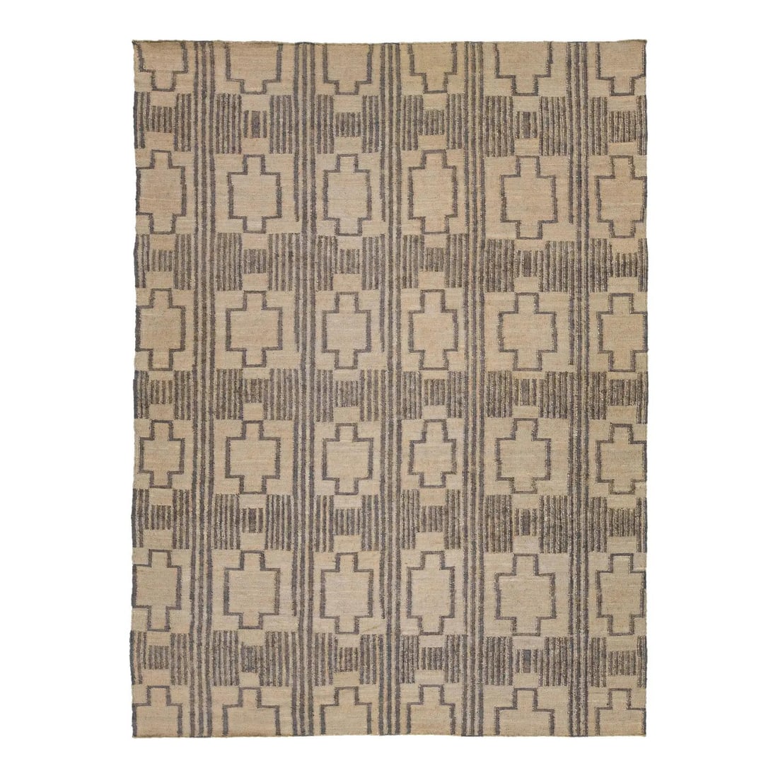 Contemporary Dhurrie Jute Rug 10'7 x 14'4 Tan Gray Geometric: Contemporary Dhurrie Jute Rug 10'7 x 14'4 Tan Gray Geometric Enhance your living space with this stunning contemporary Dhurrie designed natural jute rug. Featuring a tan-beige base color complemented